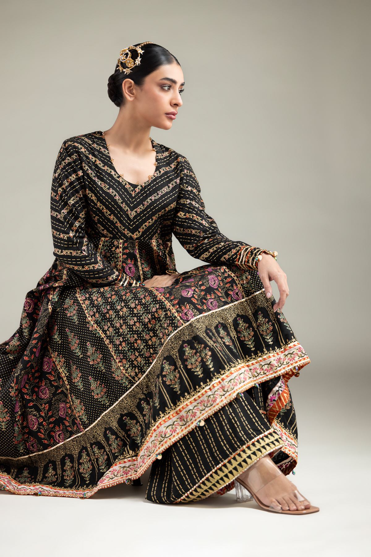 Printed Raw Silk 2 Piece Co-ord Set | Top and Bottom - 1-26-115-A-B-VG