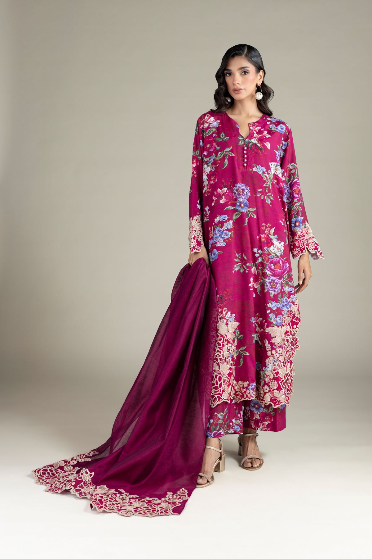 Embroidered Raw Silk Fabrics 3 Piece - A22-26-120FG1-VG