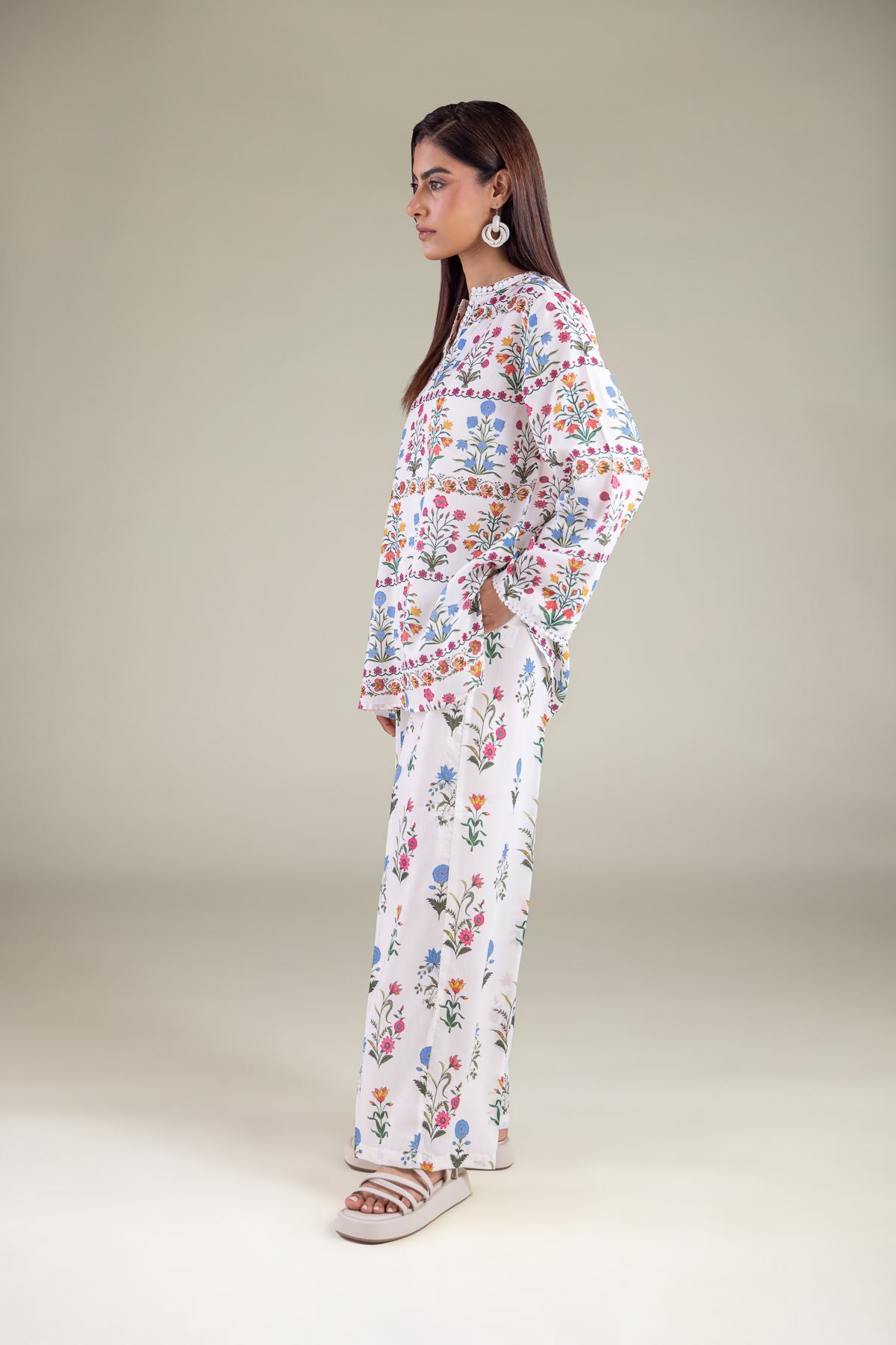 Embroidered Textured Weave Trousers - 6-26-104-A-D-VG