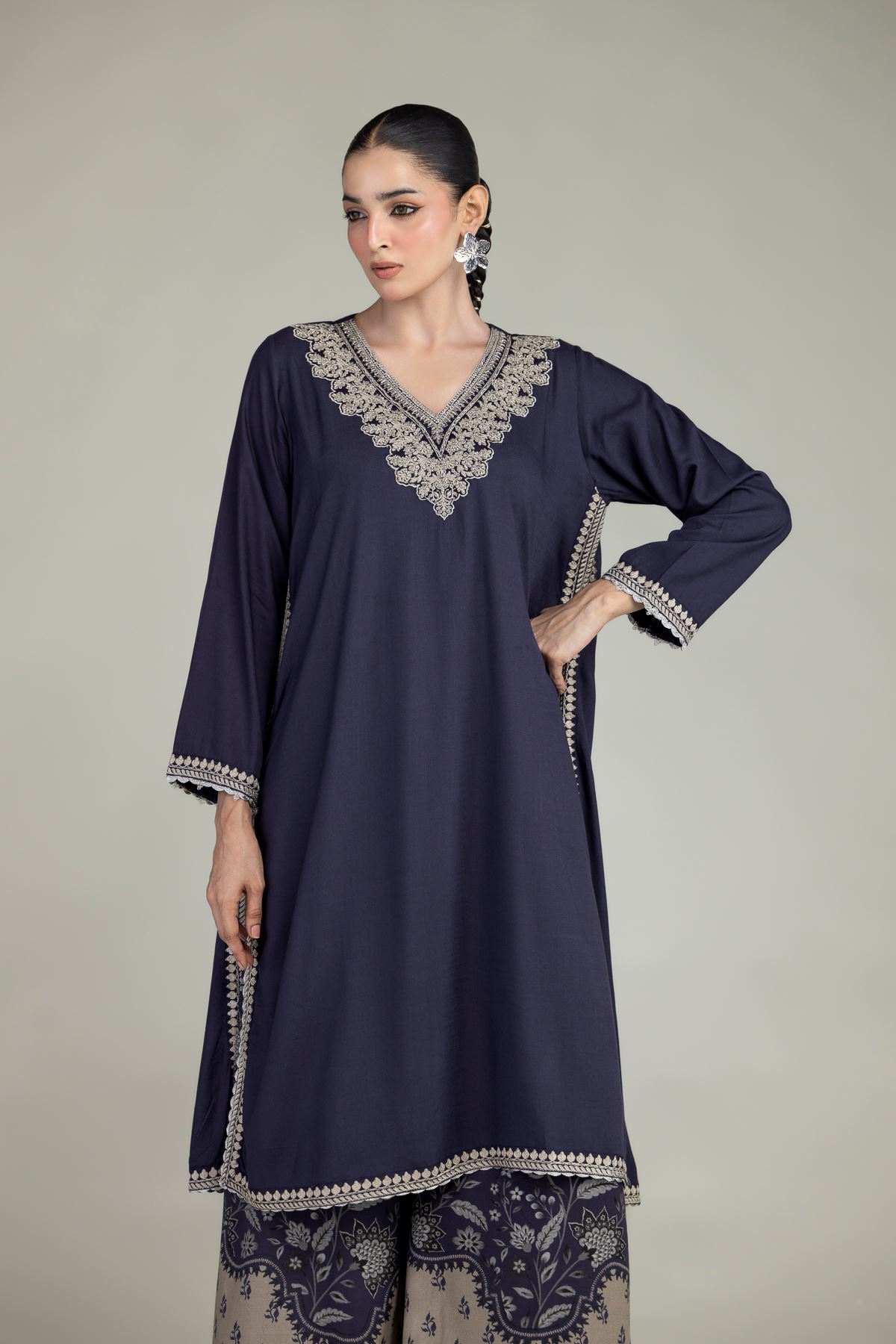 Embroidered Raw Silk Navy V-Neck Kurta - 2-26-203-A-B1-VG