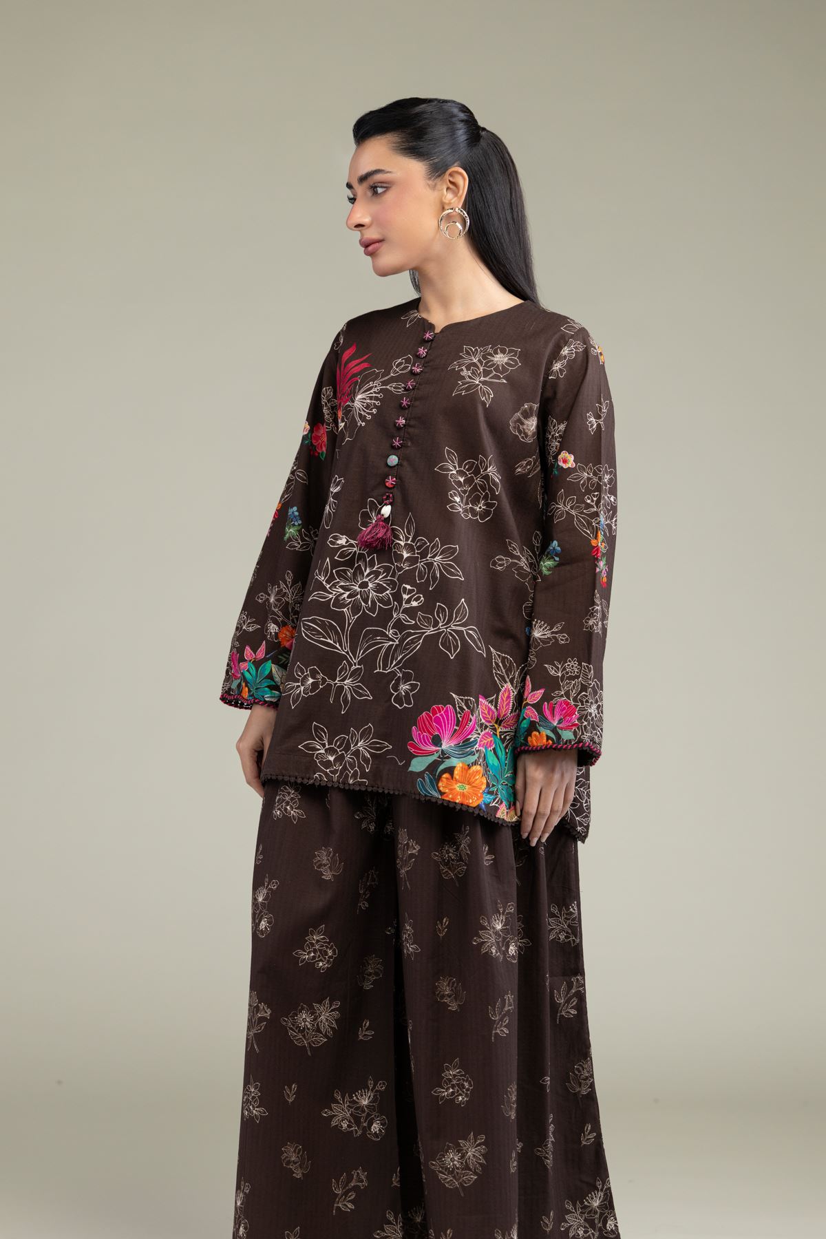 Printed Cotton Dobby Floral Brown Kurta - 8-26-204-A-D1-VG