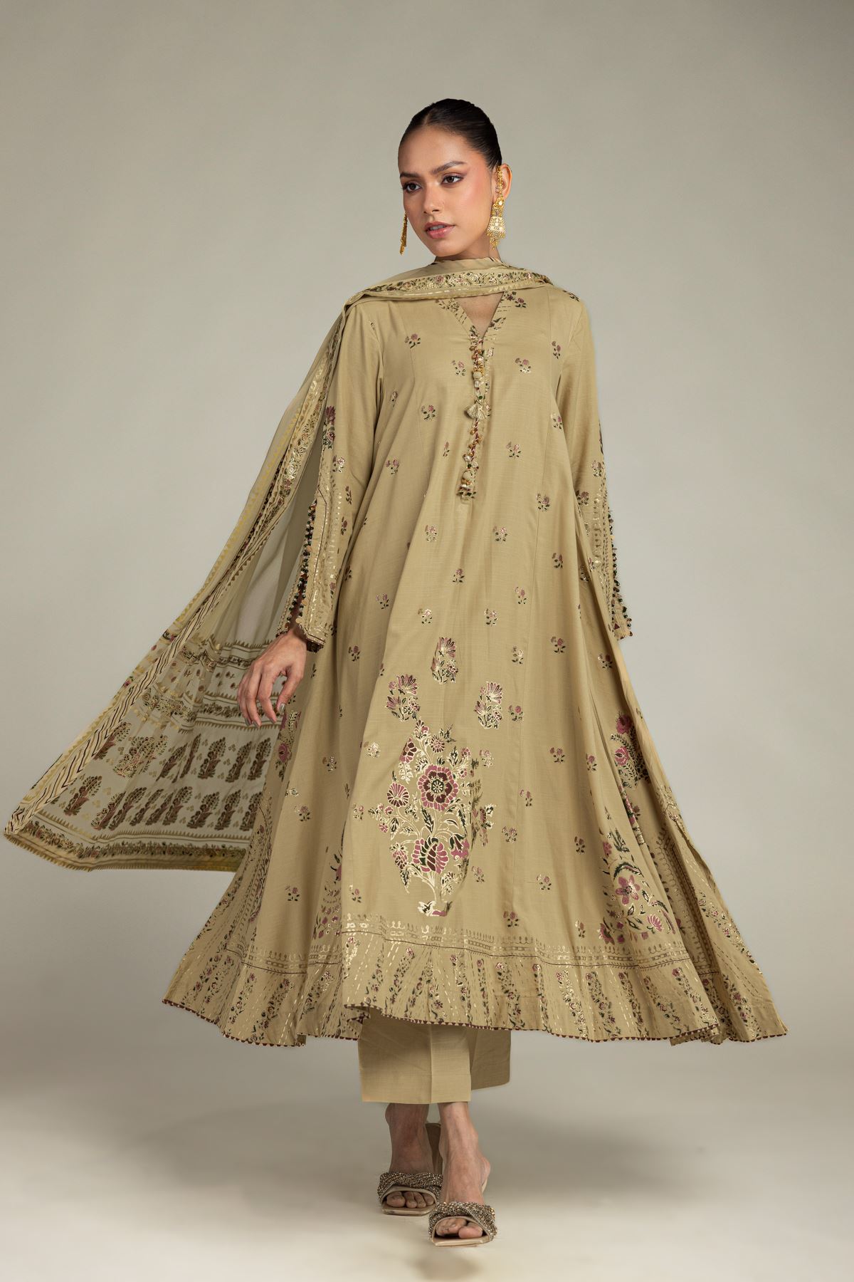 Embroidered Raw Silk 3 Piece Co-ord Set - 12-26-106-F-F-VG