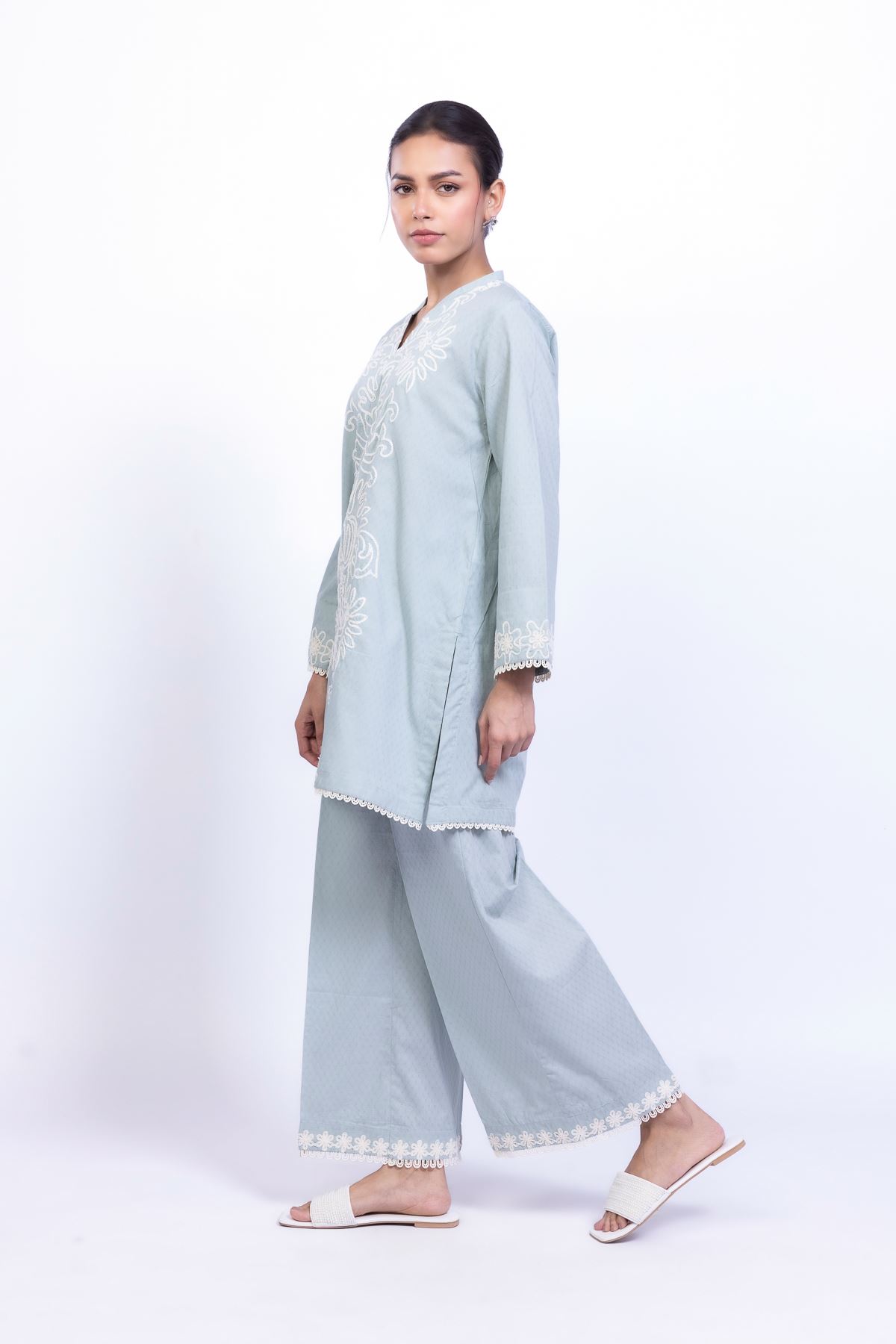 Embroidered Cotton Dobby Floral V-Neck Kurta - 1-26-101-A-C-VG