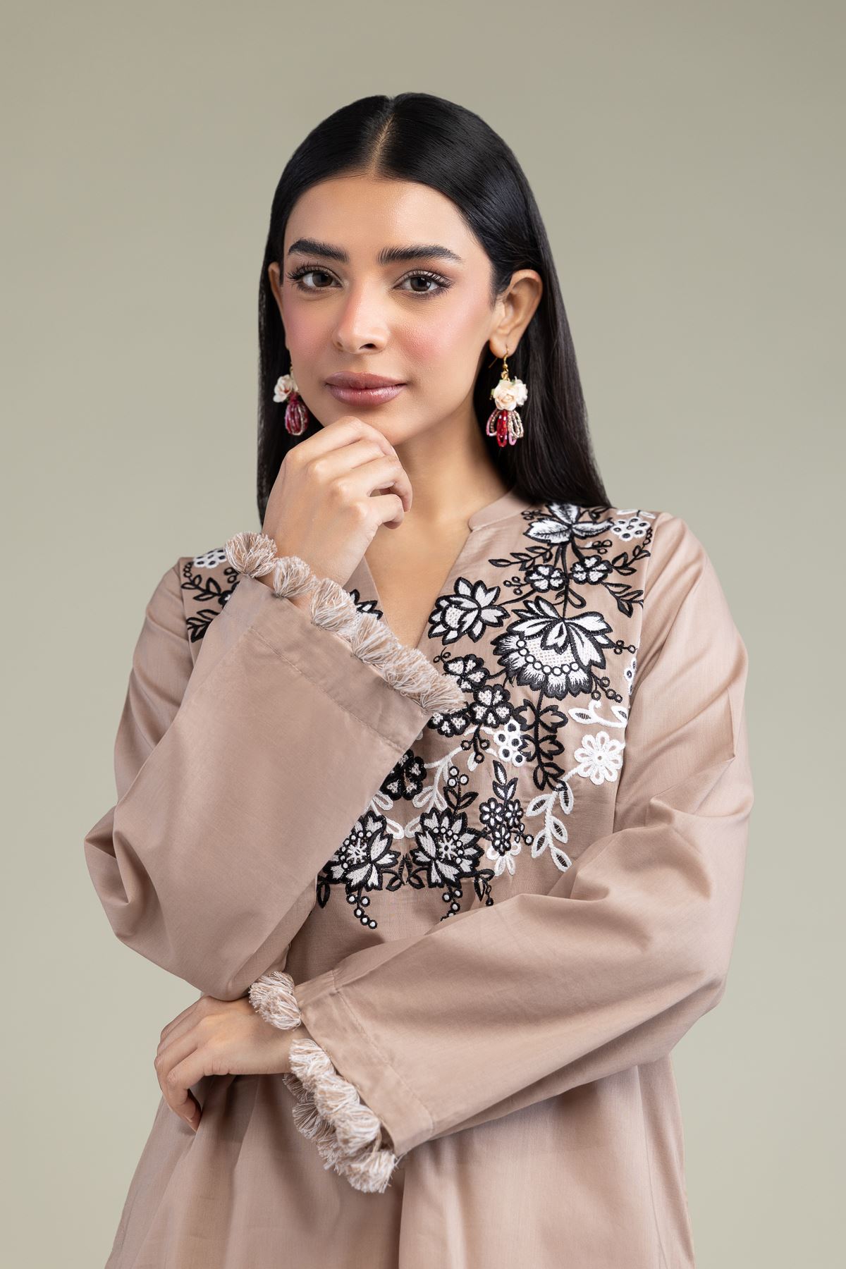 Embroidered Cambric Floral Beige Kurta - T-A11-26-107FD1-VG