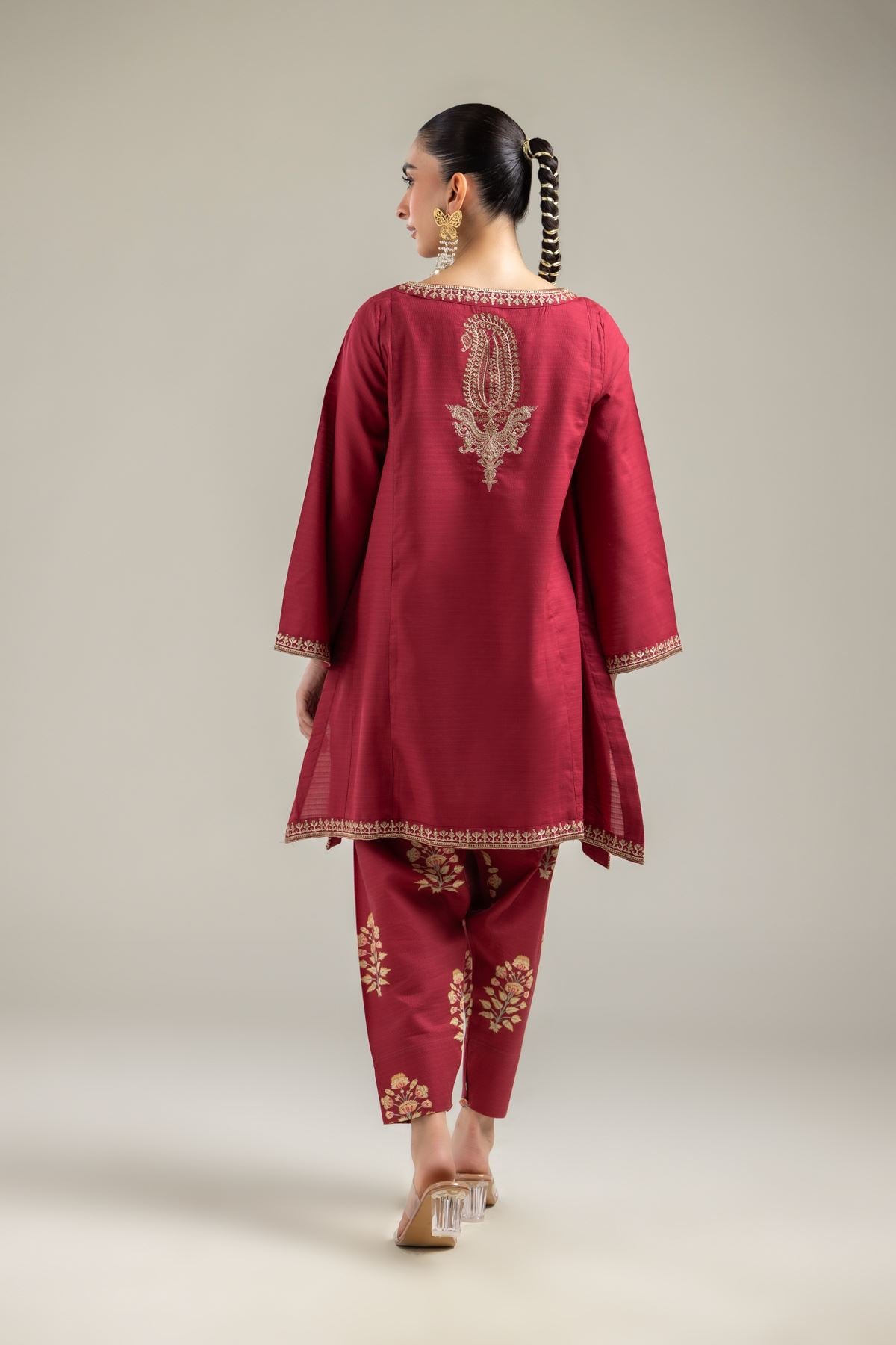 Embroidered Cotton Dobby Maroon V-Neck Kurta - 1-26-142-A-H-VG