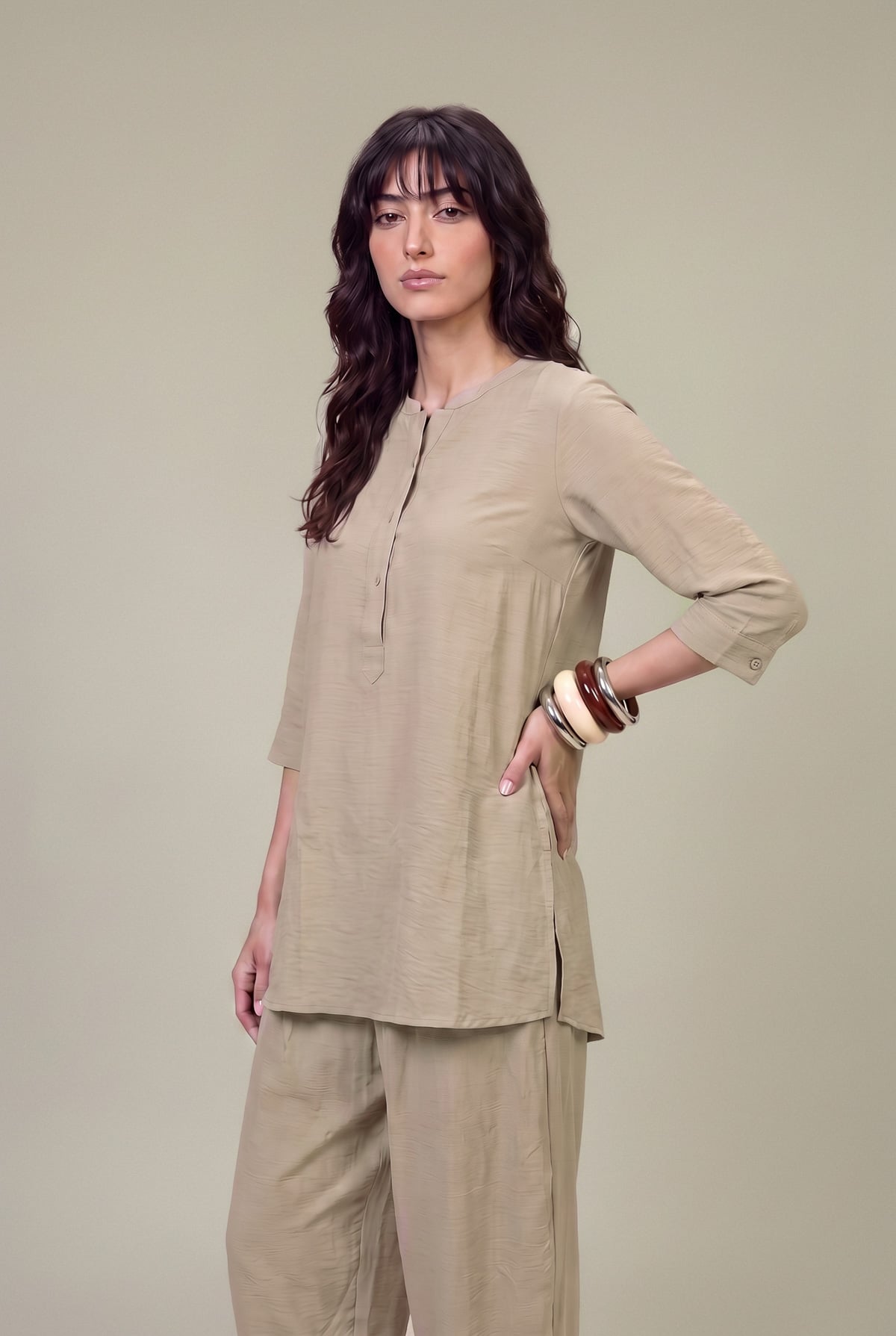 Dyed Textured Georgette Solid Beige Shirt - 6-26-207-B-E1-VG