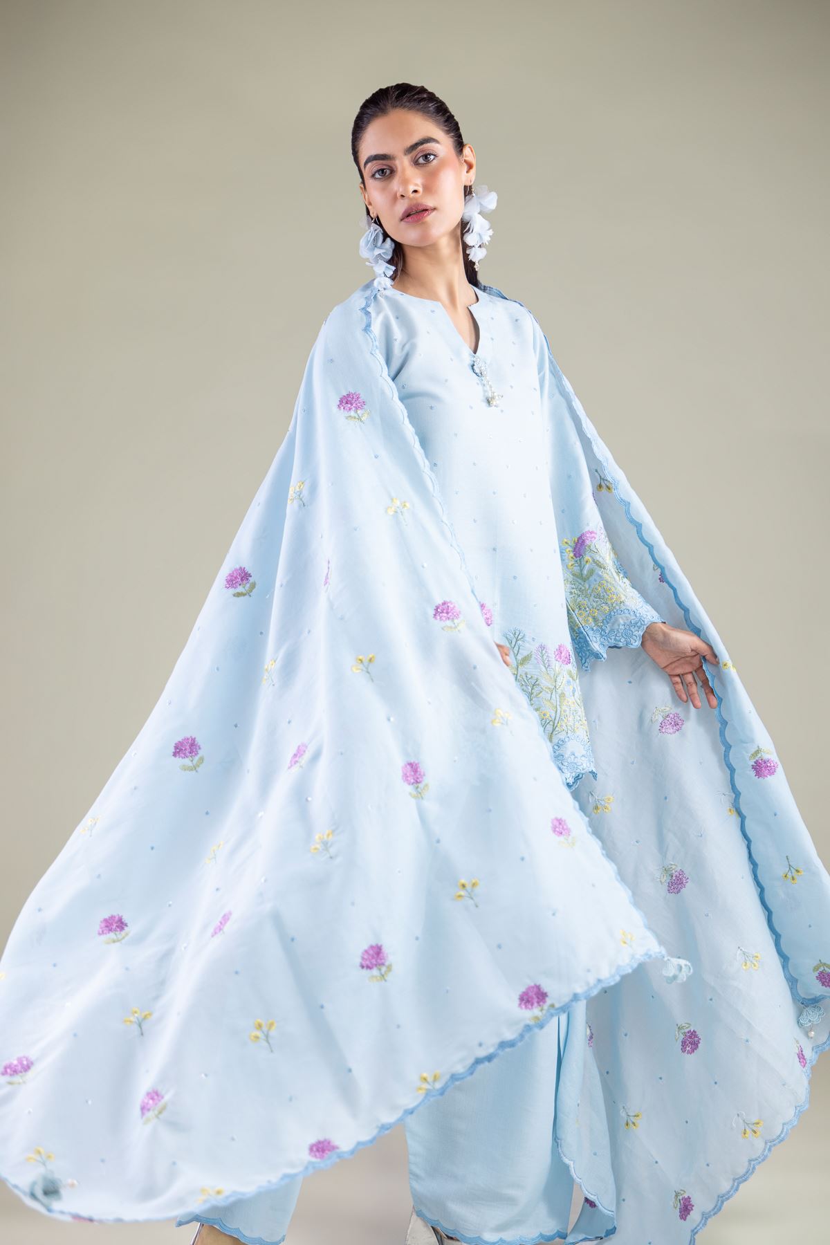 Embroidered Mesuri Floral Draped Dupatta - 1-26-117-A-G-VG