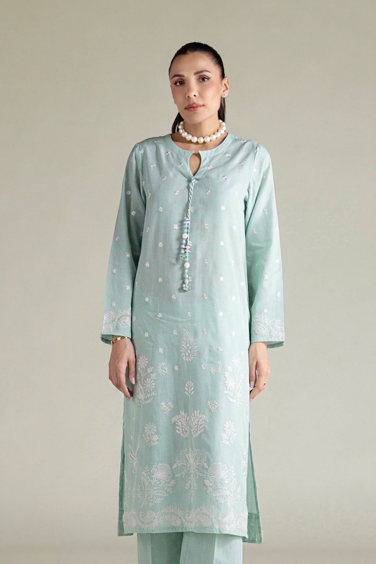 Embroidered Textured Cotton Tailored 2 Piece | Top and Bottom - T-A22-26-207EG1-VG