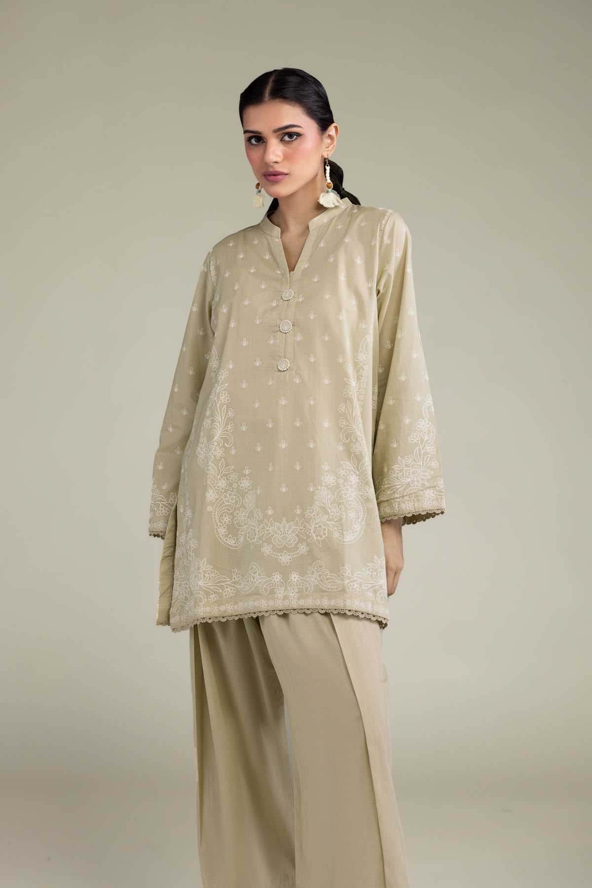 Printed Cambric Beige Band-Collar Kurta - T-A11-26-106FI2-VG