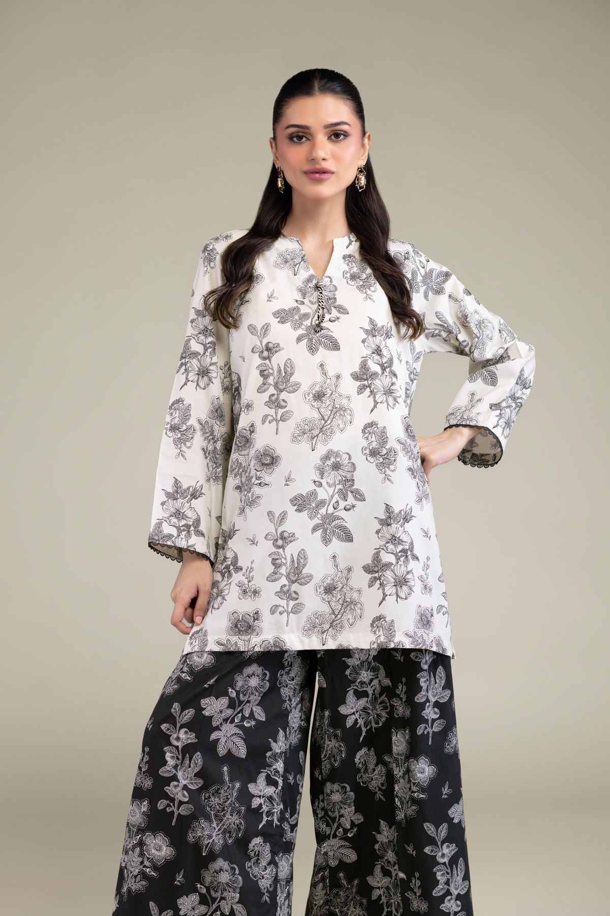 Printed Cotton Viscose Floral V-Neck Kurta - T-A11-26-114FD1-VG