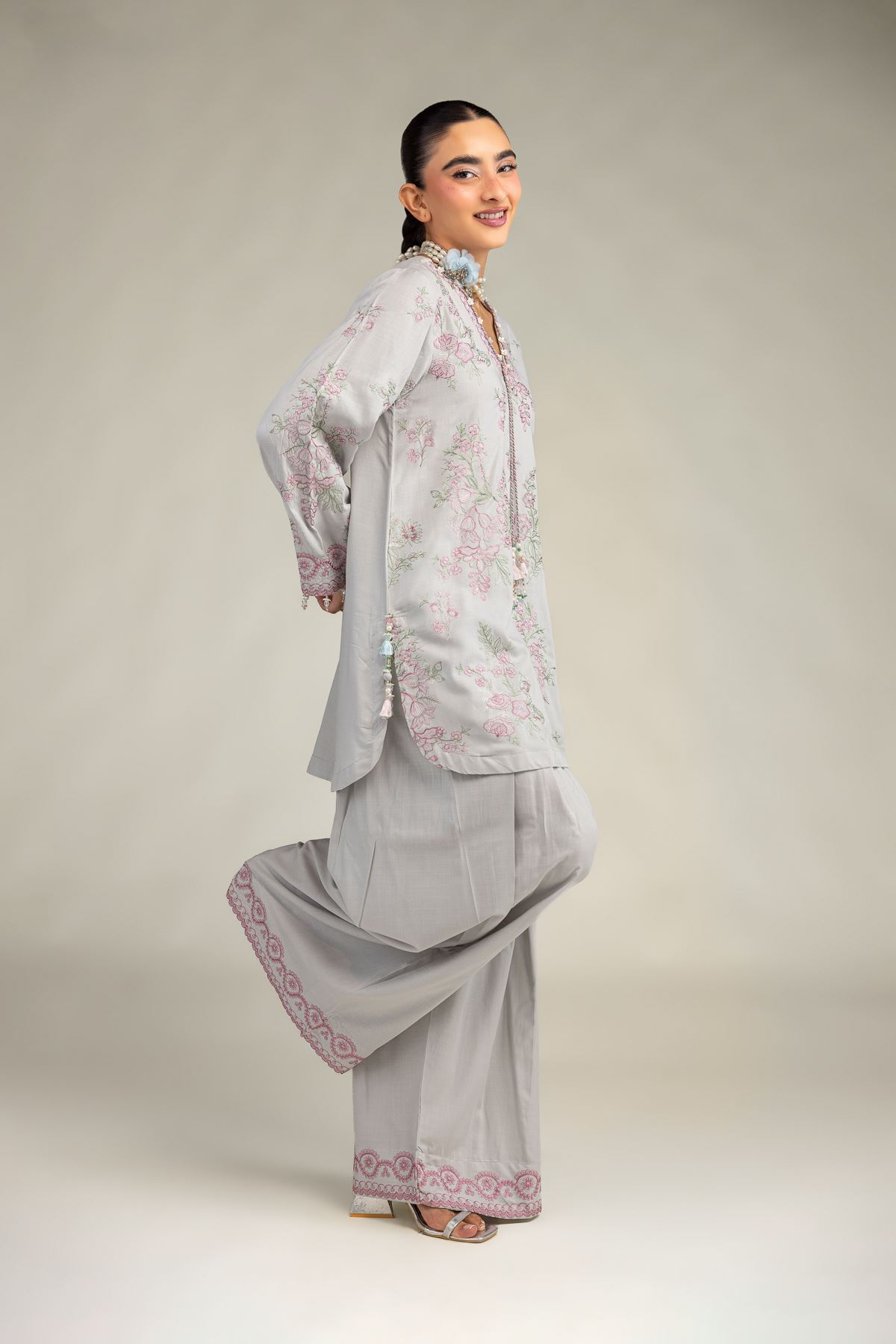 Embroidered Raw Silk Floral V-Neck Kurta - 1-26-322-B-A1-VG