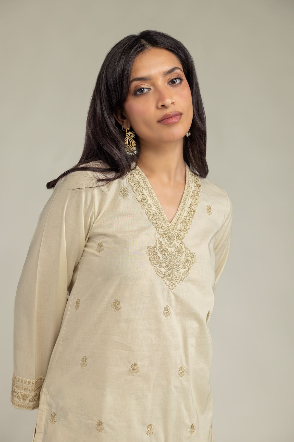 Embroidered Cambric Beige V-Neck Kurta - 8-26-303-A-C1-VG
