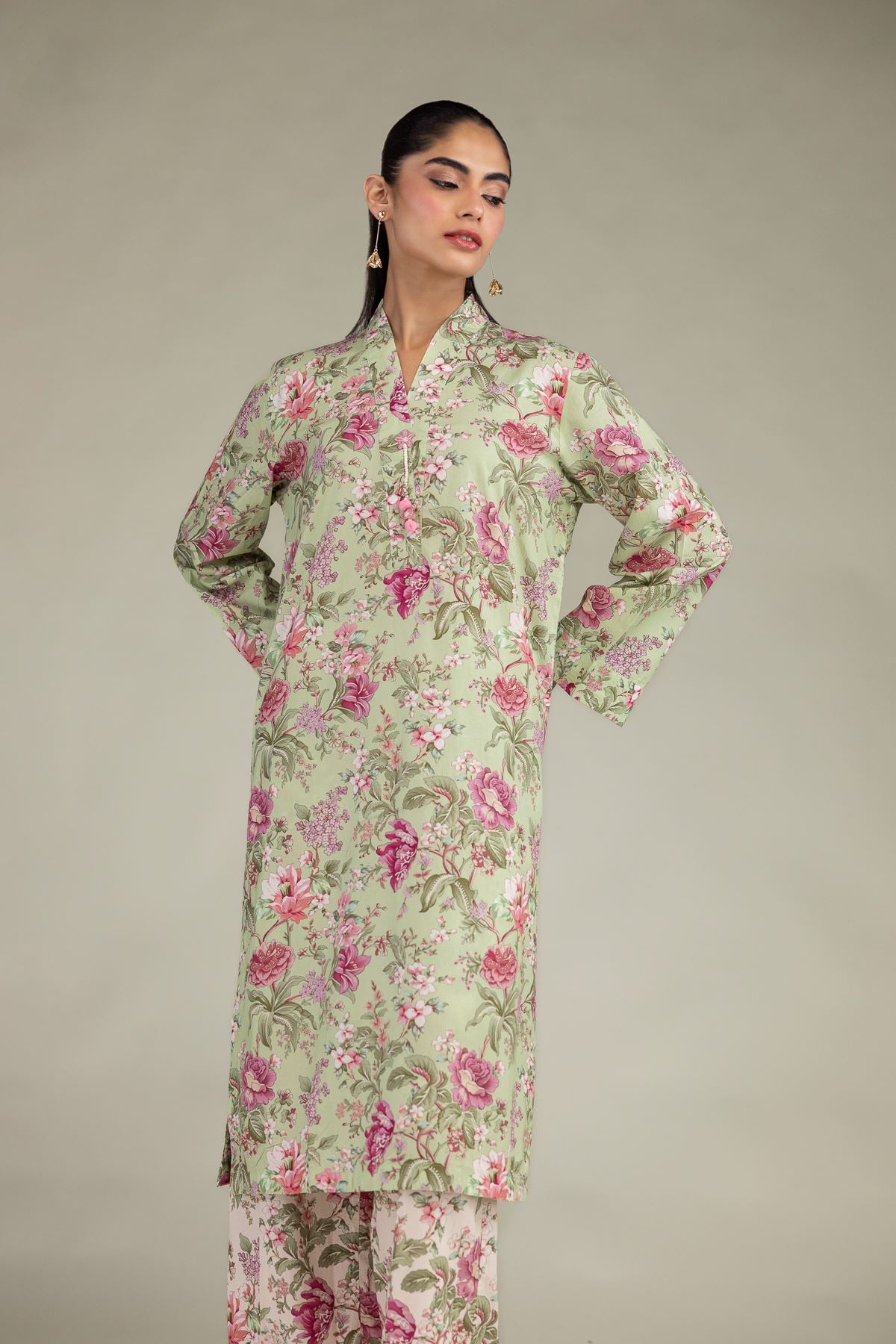 Printed Cotton Viscose Floral Longline Kurta - 1-26-244-A-D1-VG