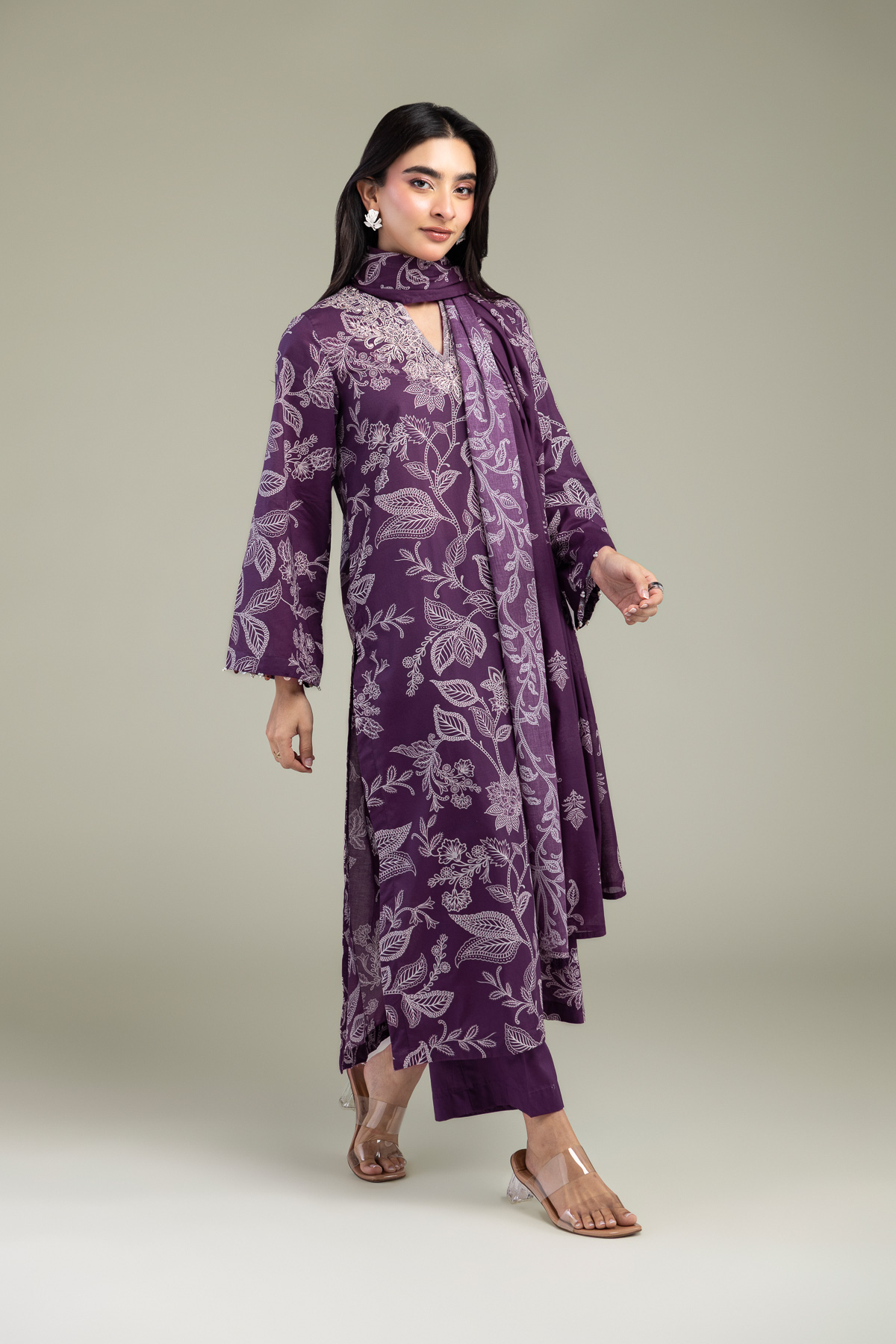 Embroidered Lawn Floral Purple Dupatta - 1-26-102-A-F-VG
