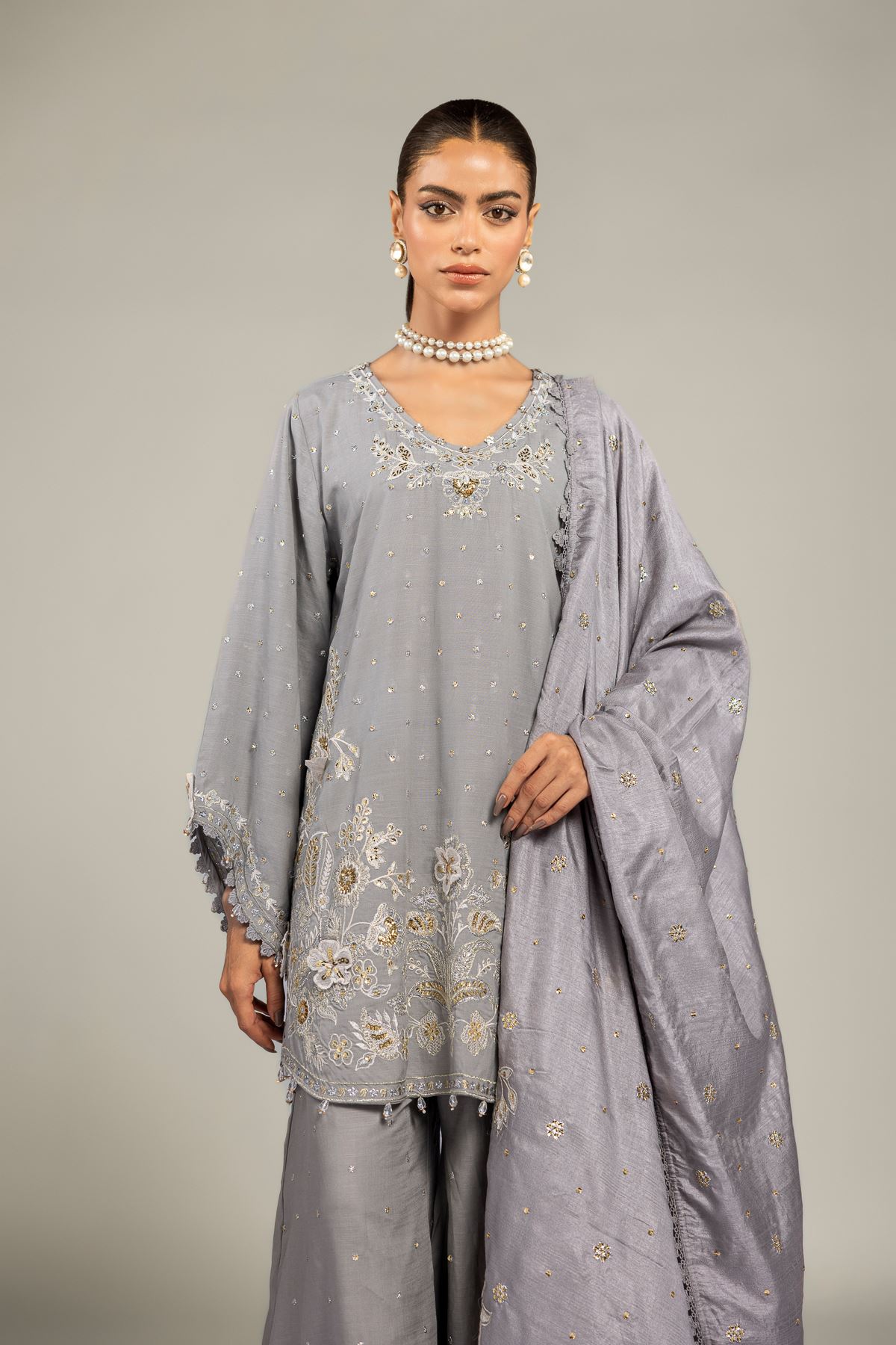 Embroidered Raw Silk 3-Piece Co-ord Set - 8-26-303-A-B1-VG