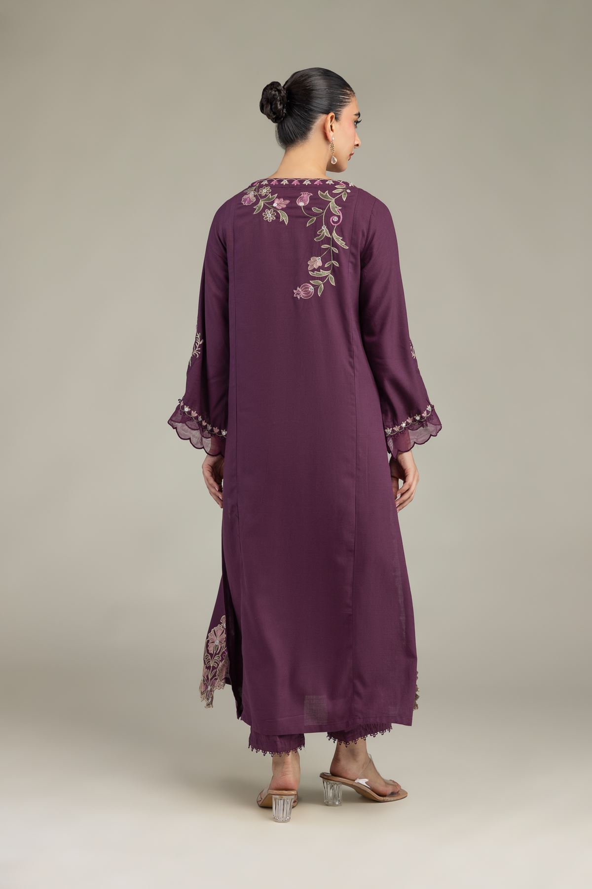 Embroidered Raw Silk Floral Threadwork Kurta - 12-26-106-F-D-VG