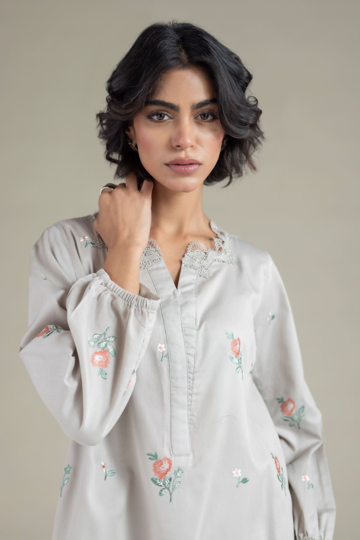 Embroidered Textured Cotton Kurta - 25-09-12E2-01TA-VG