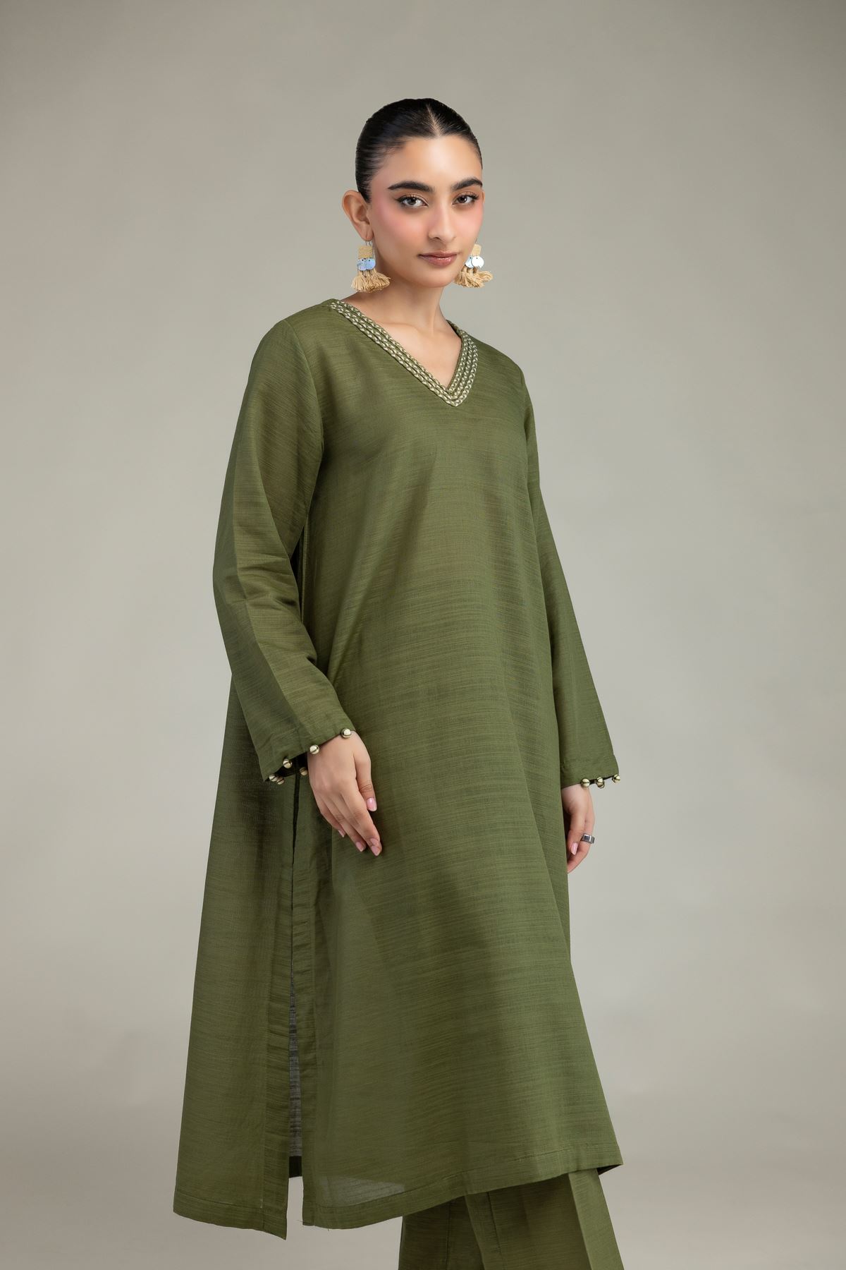Dyed Textured Cotton Olive V-Neck Kurta - 8-26-304-A-D1-VG