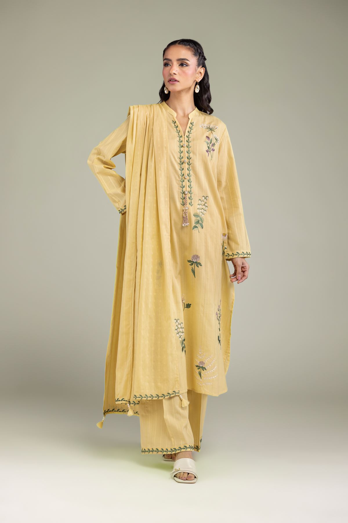 Embroidered Textured Cotton Yellow Cotton Pants - 1-26-131-A-E-VG