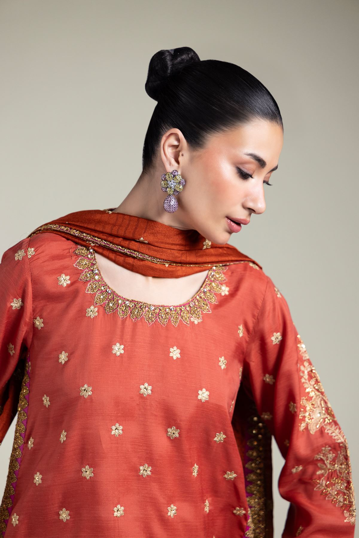 Embroidered Raw Silk Three-Piece Set - 5-26-104-F-E-VG