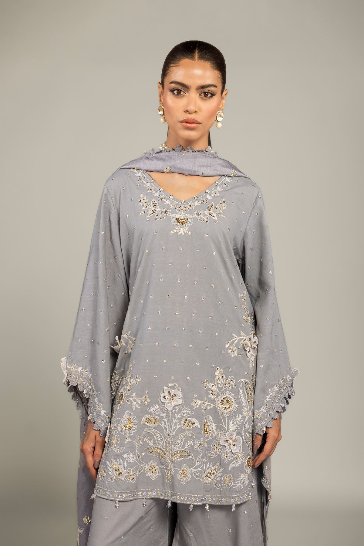 Embroidered Raw Silk 3-Piece Co-ord Set - 8-26-303-A-B1-VG