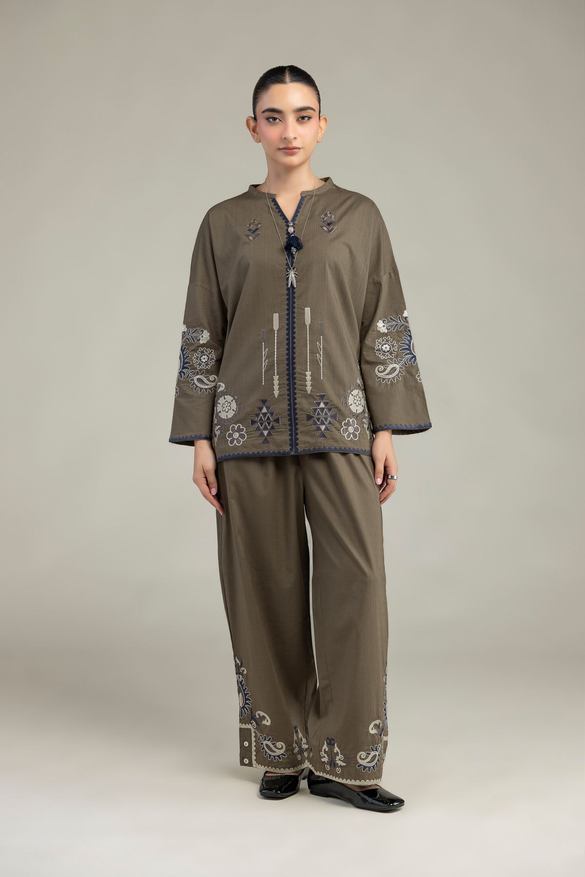 Embroidered Textured Cotton Floral Cotton Trousers - 6-26-204-A-D2-VG