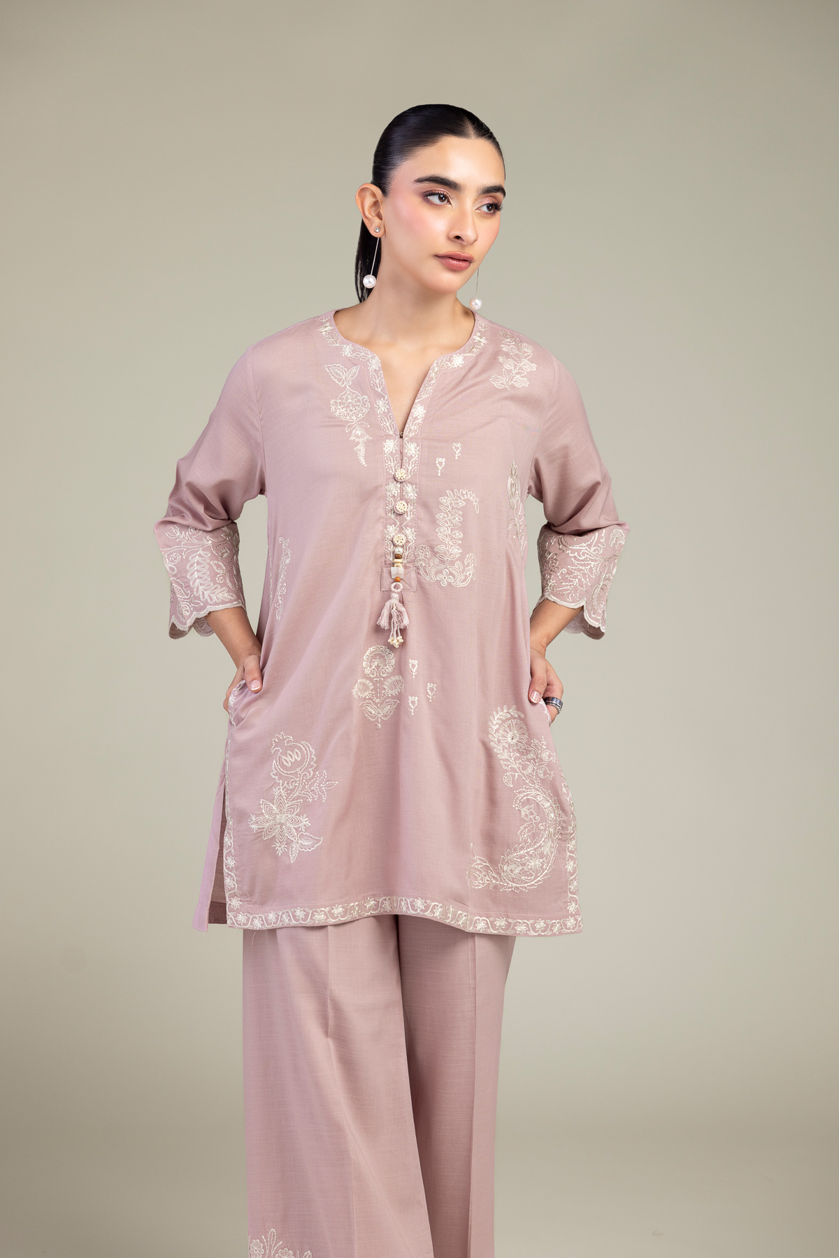 Embroidered Raw Silk V-Neck Pink Kurta - 1-26-309-B-D1-VG