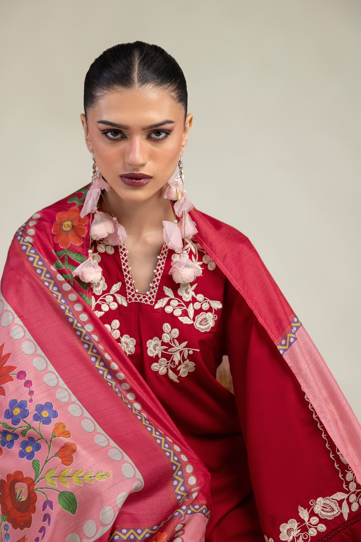 Embroidered Polyester Silk Red Floral Dupatta - 1-26-203-A-A1-VG