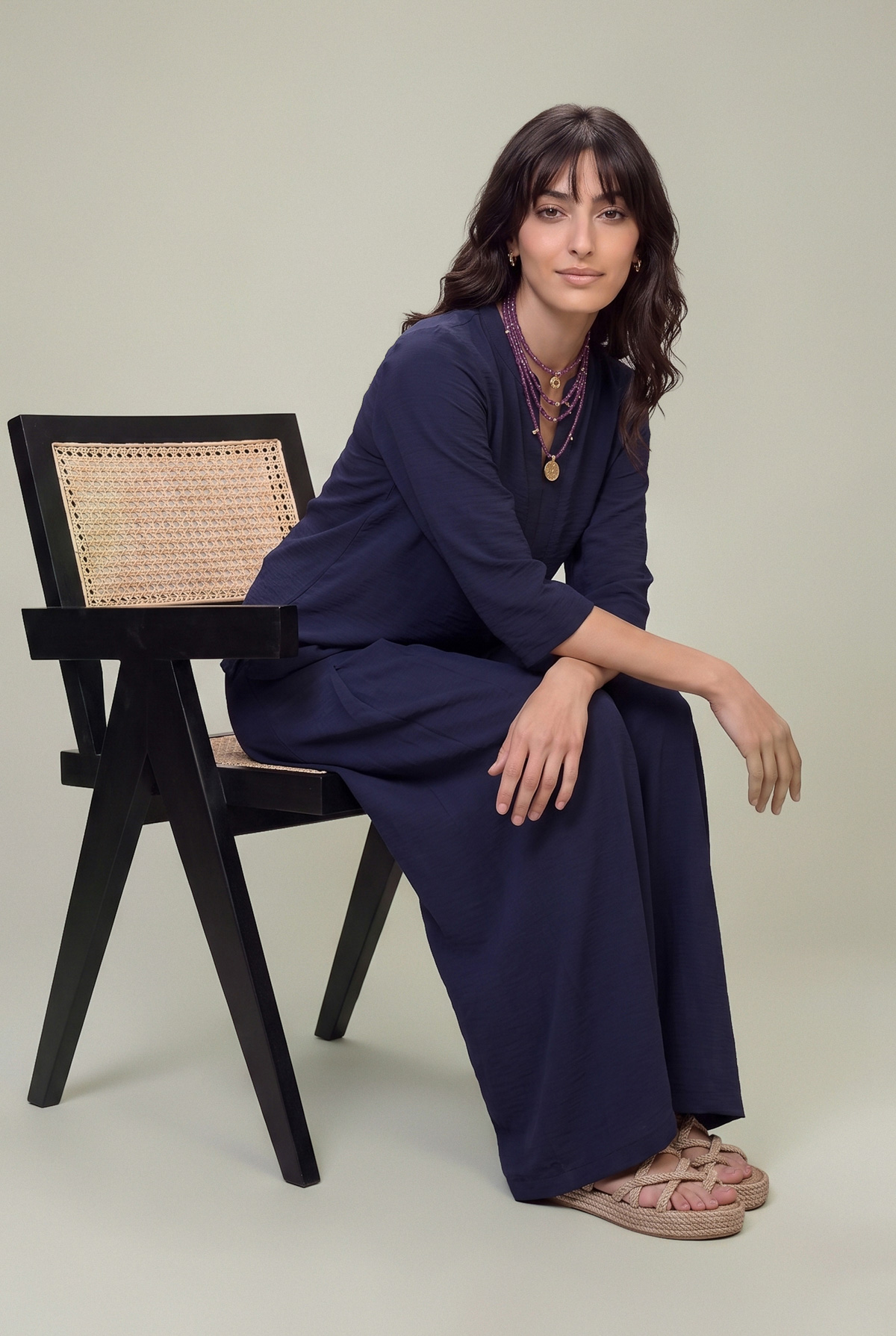 Dyed Textured Georgette V-Neck Navy Tunic - 1-26-229-B-F1-VG