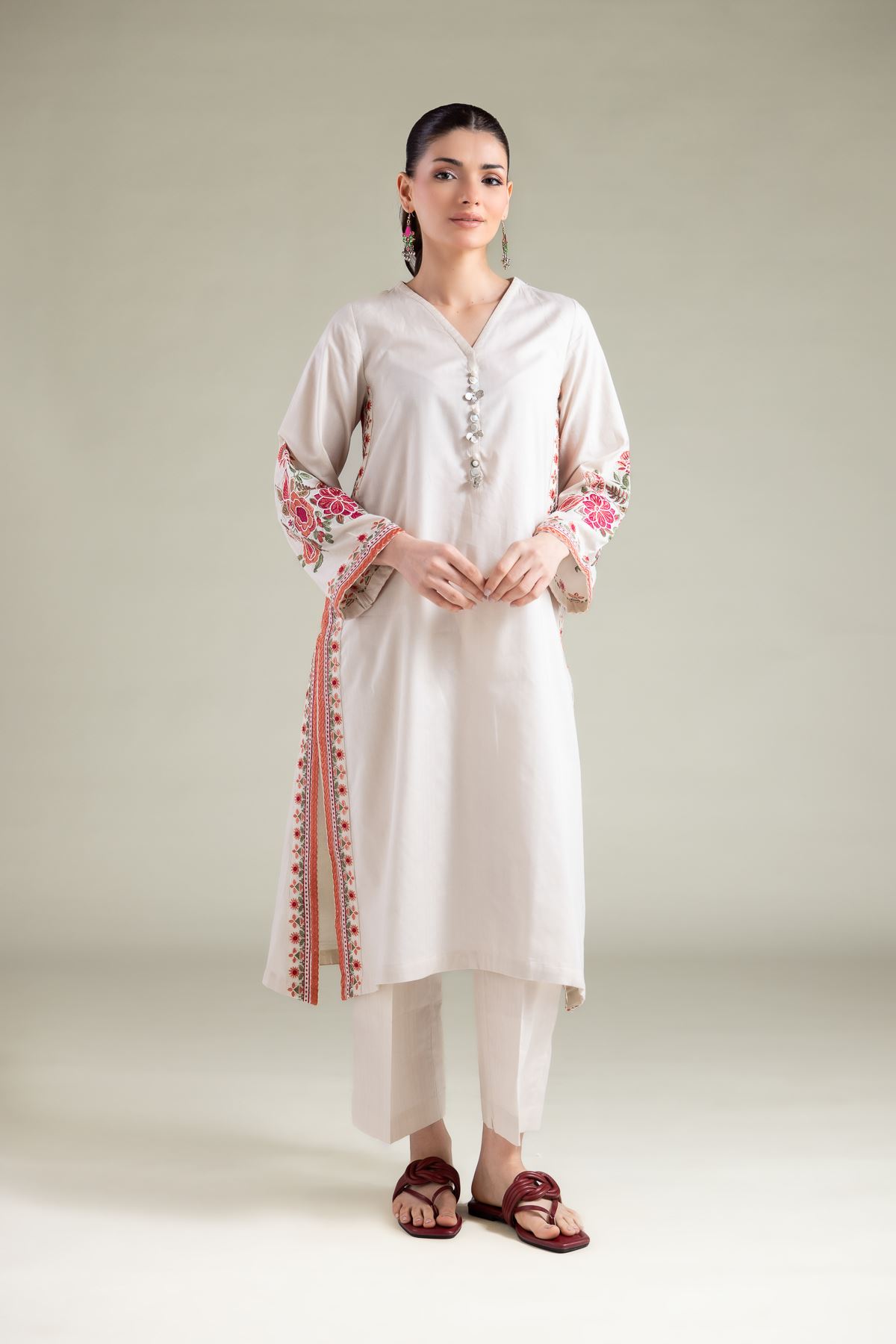 Embroidered Cotton Dobby Floral Longline Kurta - 1-26-108-A-F-VG