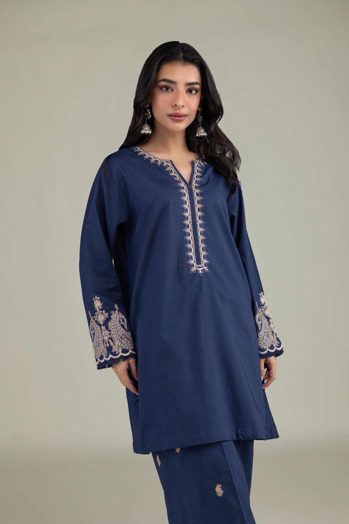 Embroidered Cambric Navy V-Neck Kurta - 8-26-303-A-C1-VG