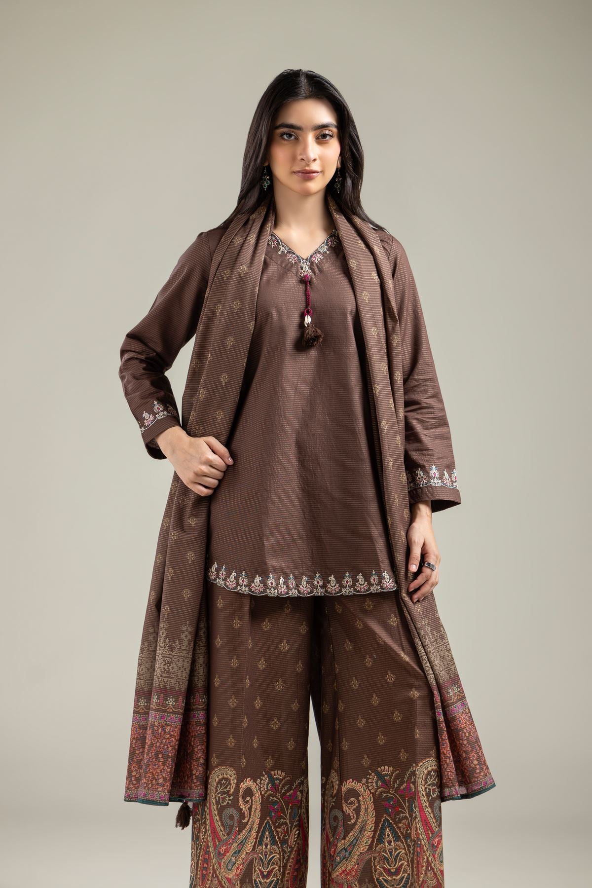 Embroidered Mesuri Brown V-Neck Kurta - T-A22-26-122FI1-VG