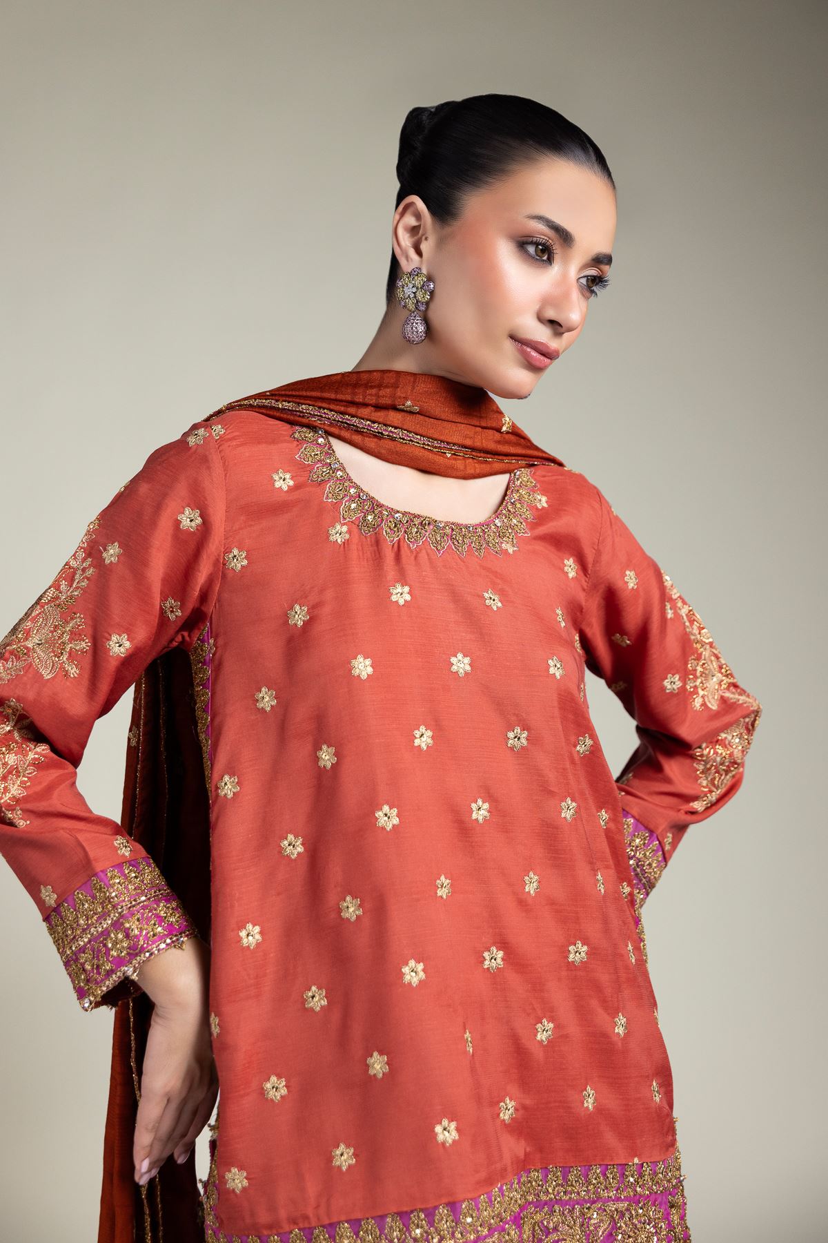 Embroidered Raw Silk Three-Piece Set - 5-26-104-F-E-VG