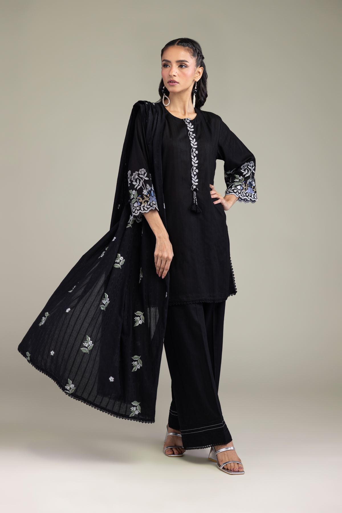 Embroidered Textured Cotton Black Cotton Dupatta - 1-26-131-A-D-VG