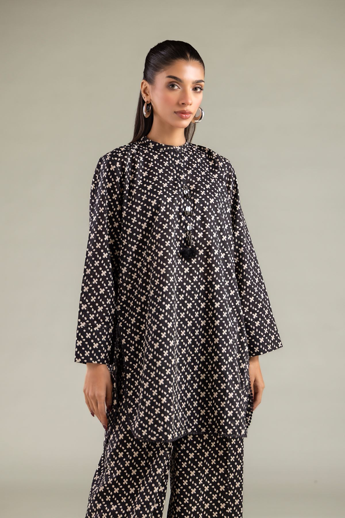 Printed Cambric Geometric Band Collar Kurta - 1-26-116-A-C-VG