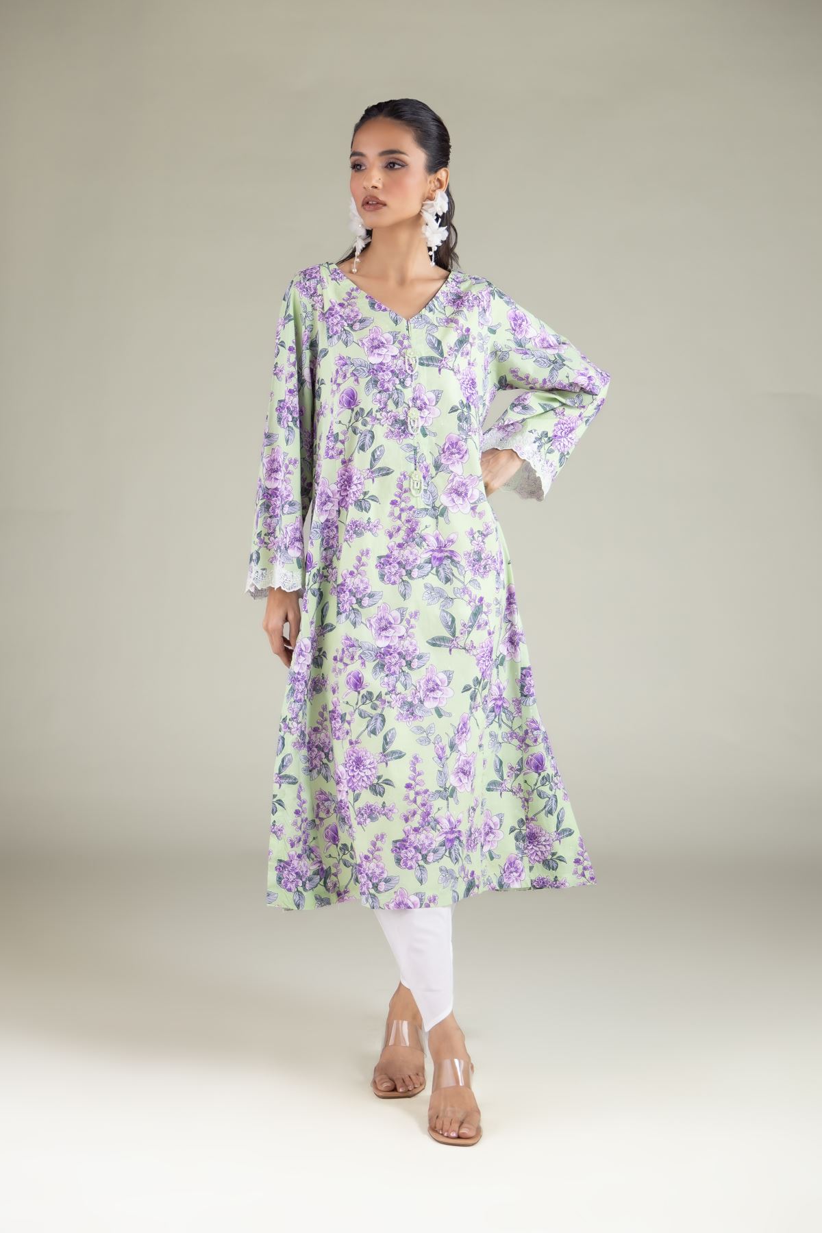 Embroidered Cambric Floral V-Neck Kurta - 1-26-129-A-D-VG
