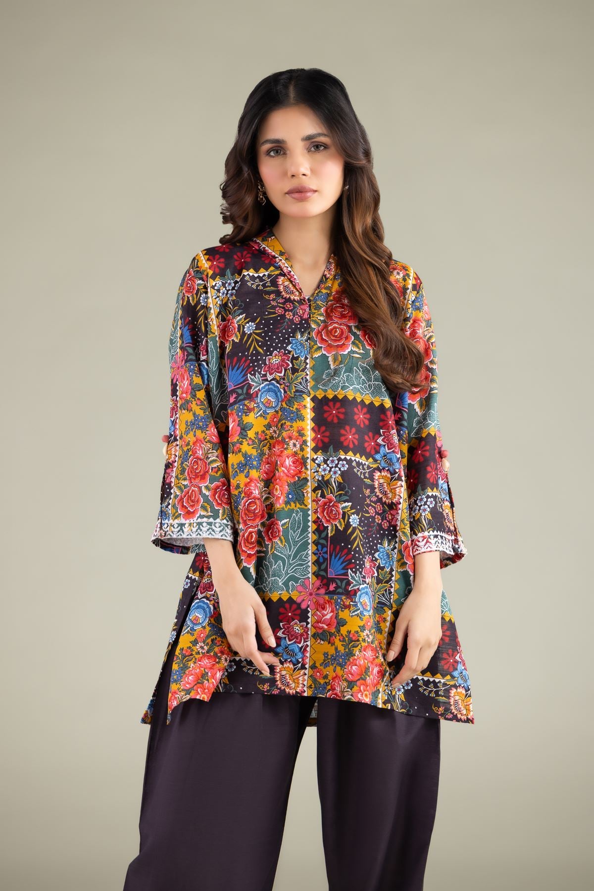 Embroidered Textured Cotton Floral V-Neck Kurta - 1-26-144-B-E-VG