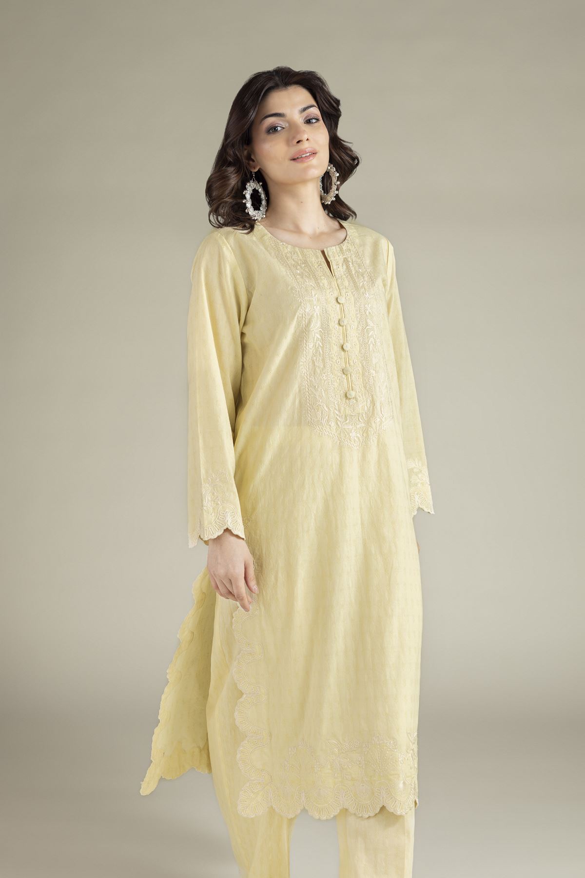 Embroidered Cotton Dobby Yellow Tailored 2-Piece - T-A22-26-124FI2-VG