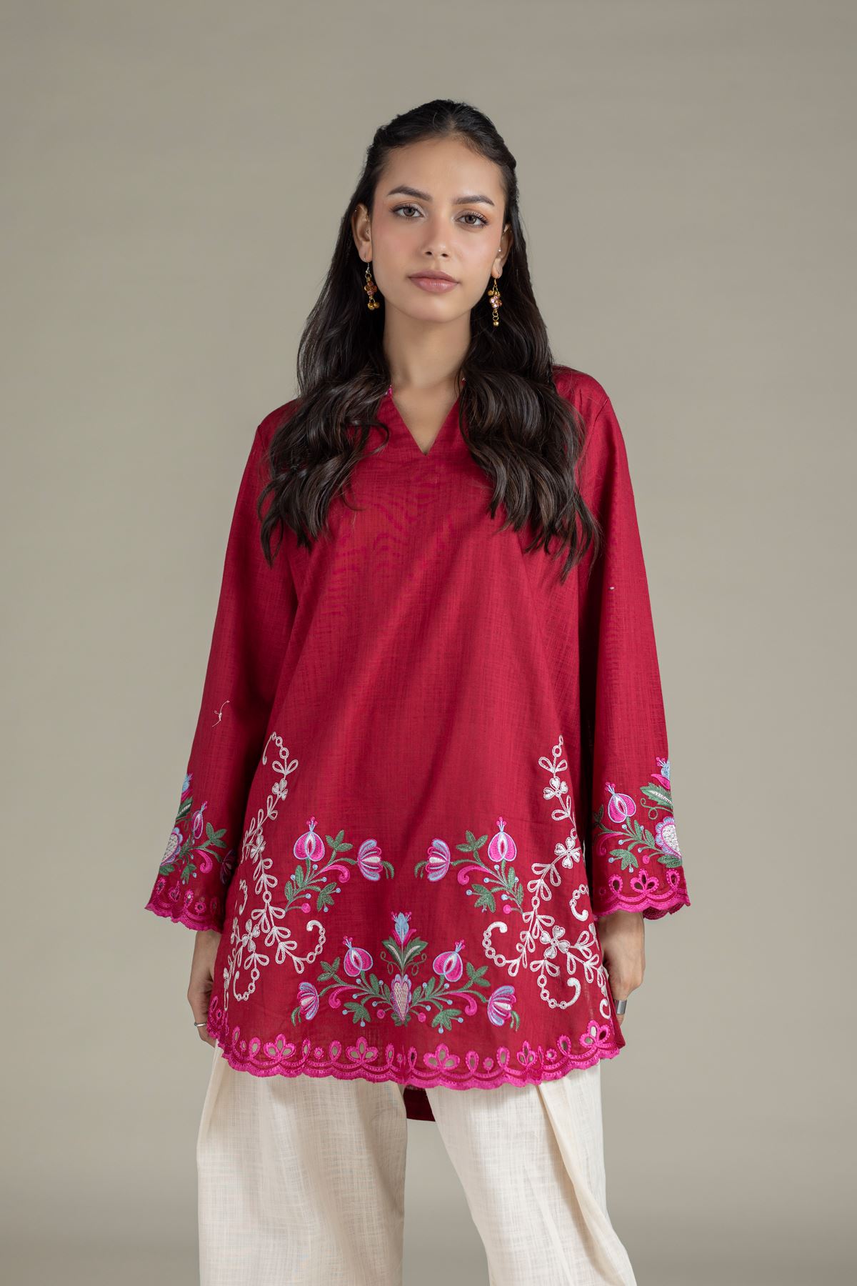 Embroidered Heavy Textured Cotton Kurta - 25-10-12E4-08TB-VG