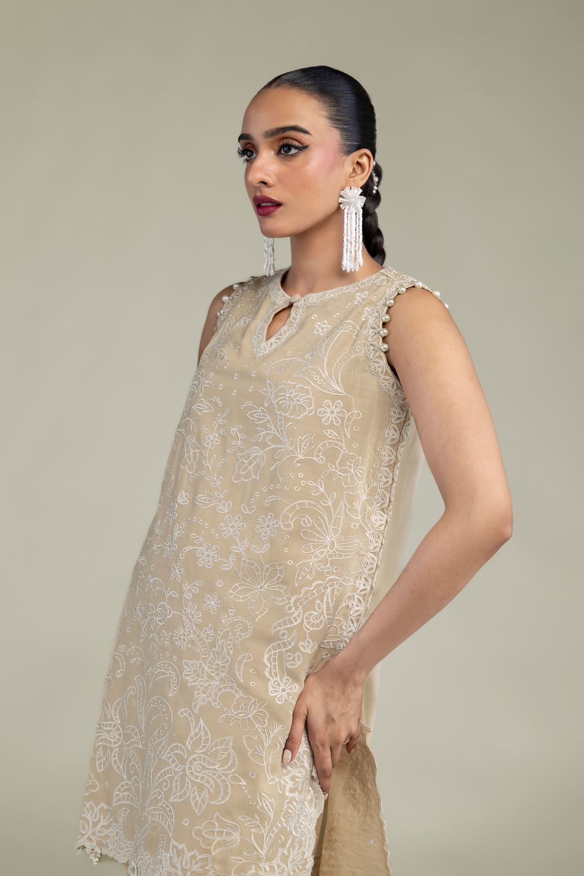 Embroidered Raw Silk Beige Sleeveless Kurta - 2-26-304-C-G1-VG