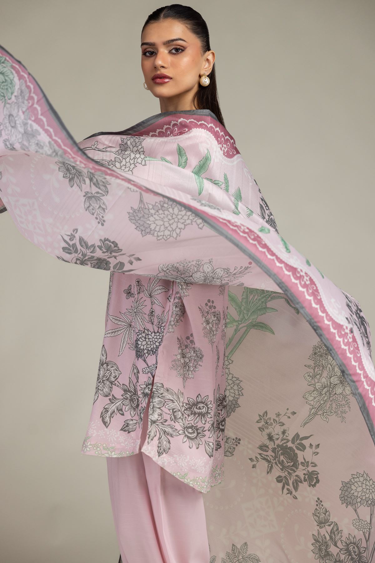 Embroidered Polyester Silk Floral Pink Dupatta - 2-26-208-A-F1-VG