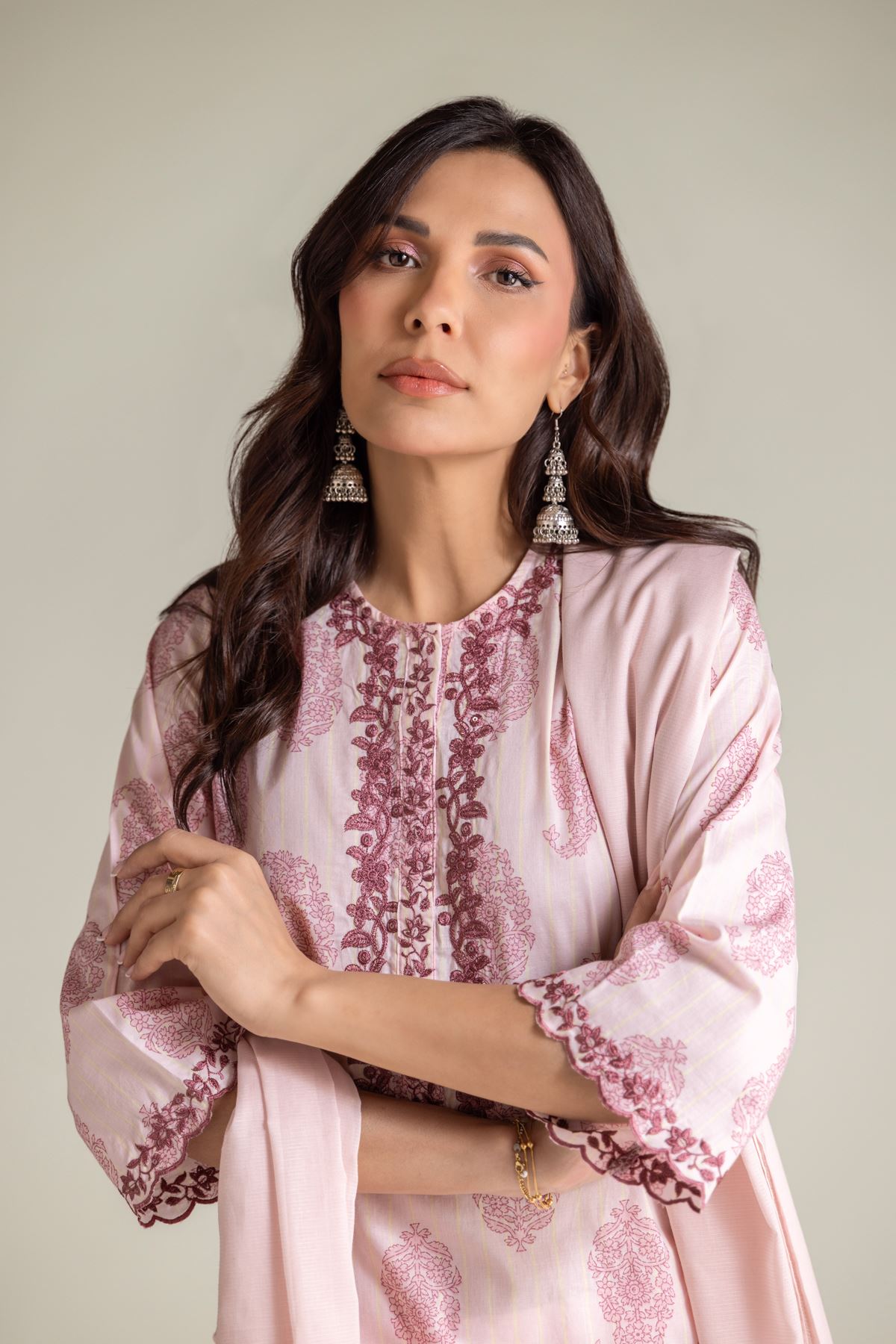 Embroidered Textured Lawn Lawn Pink Dupatta - 1-26-139-A-E-VG