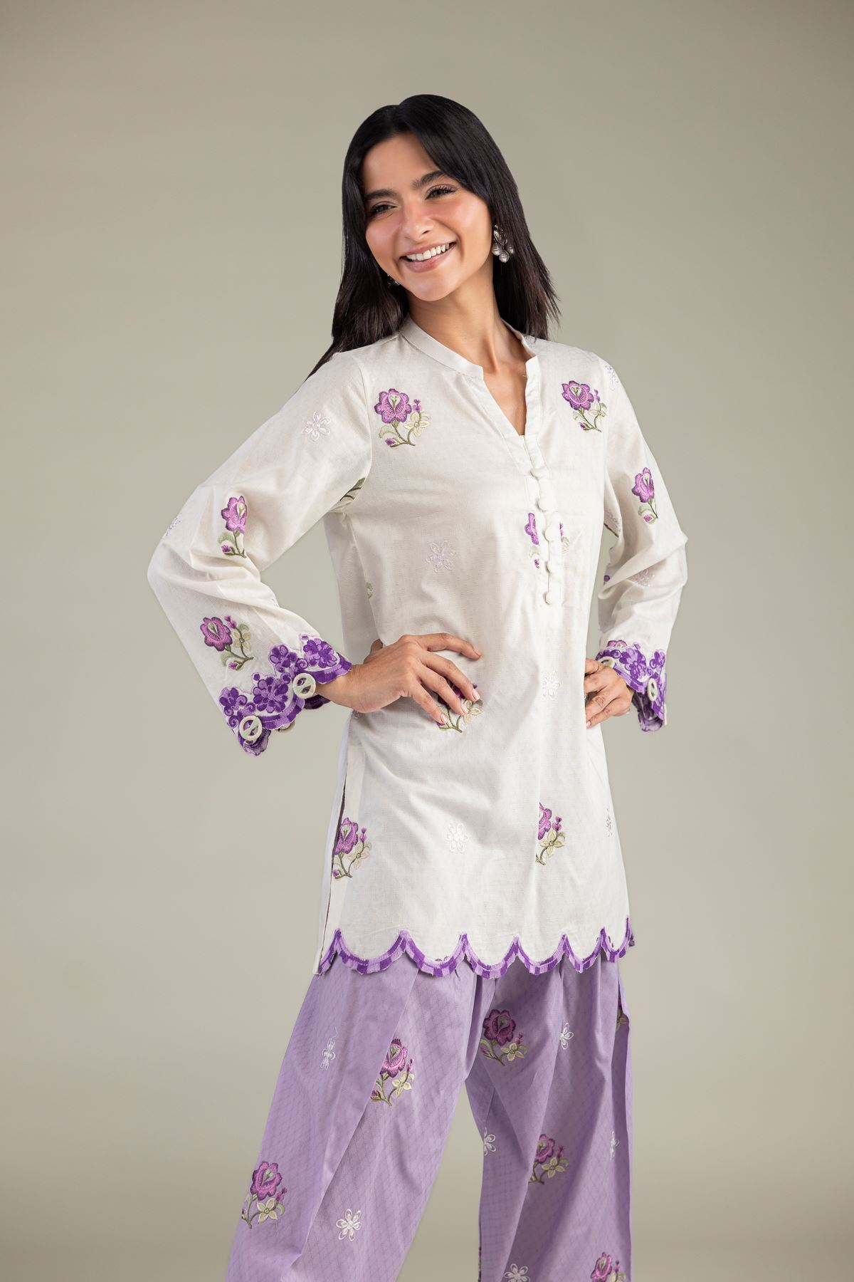 Embroidered Cotton Dobby Floral V-Neck Kurta - 1-26-322-B-A1-VG