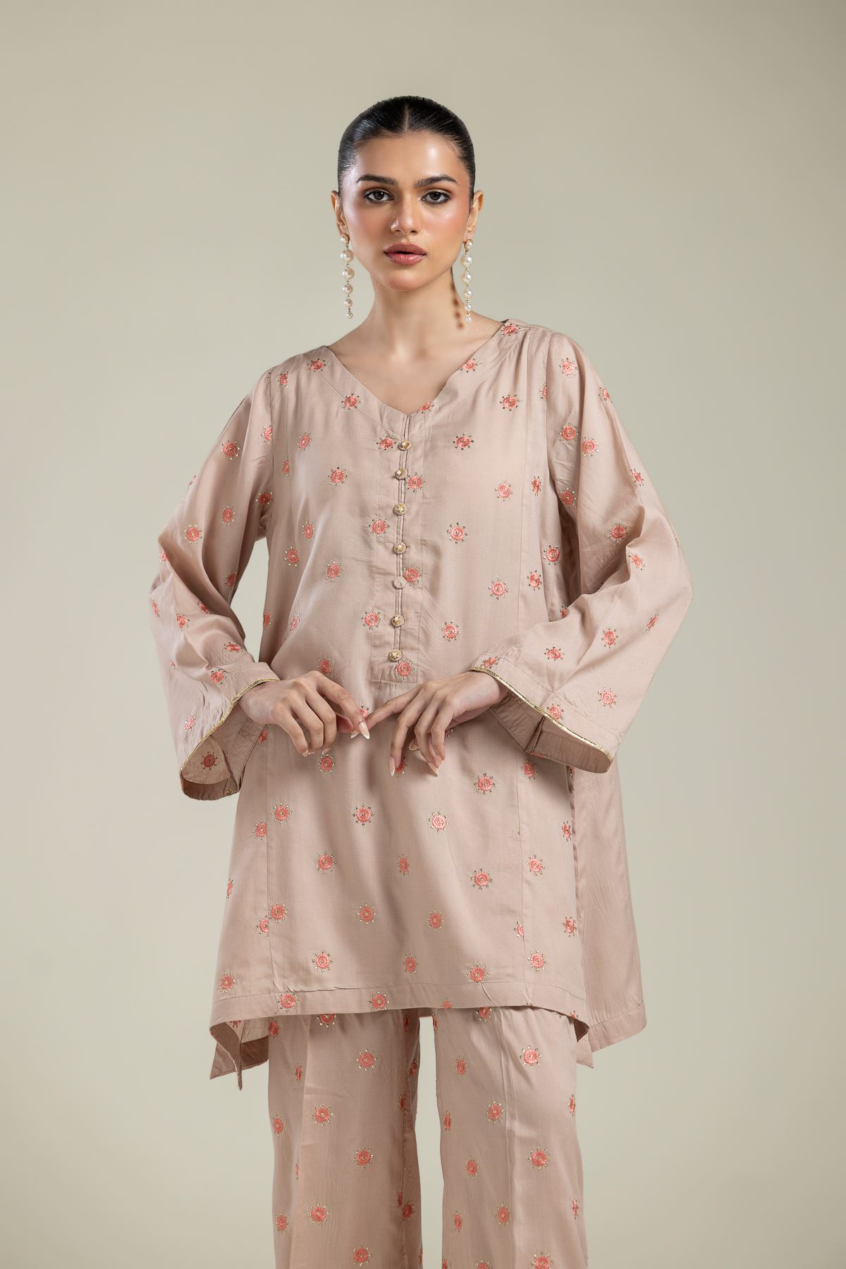 Embroidered Textured Weave Floral V-Neck Kurta - 2-26-202-A-E-VG