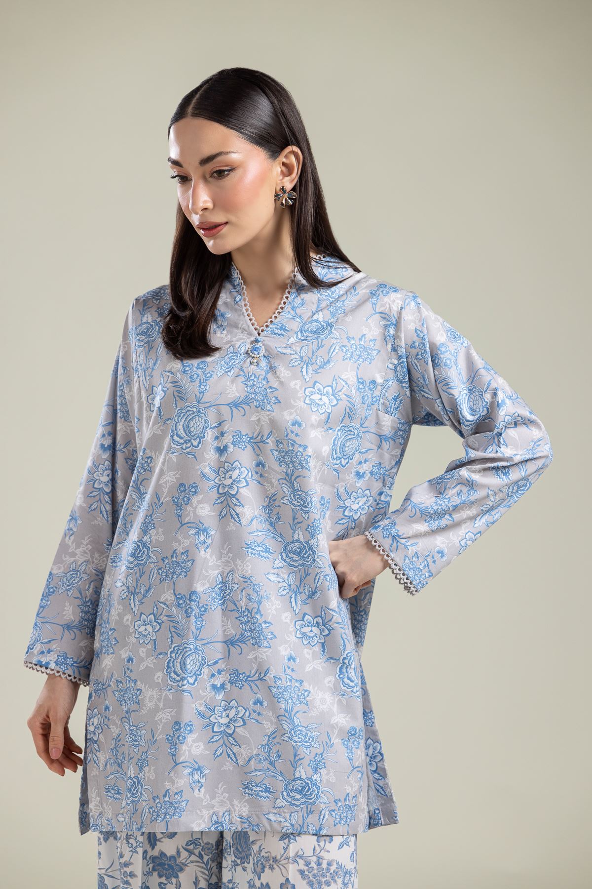 Printed Cotton Viscose Gray Floral Kurta - 1-26-204-A-A1-VG