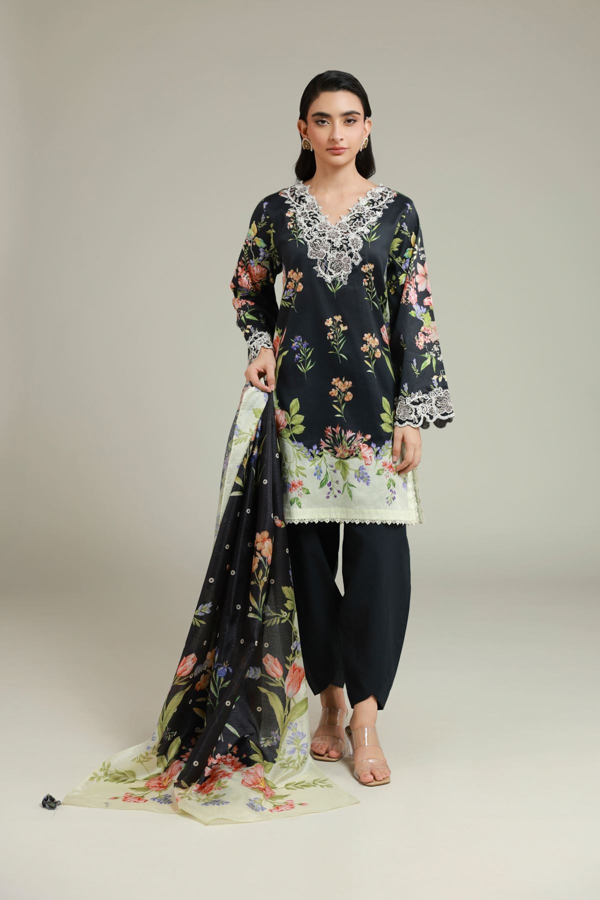 Printed Satin Tailored 3 Piece - T-A22-26-109FA1-VG