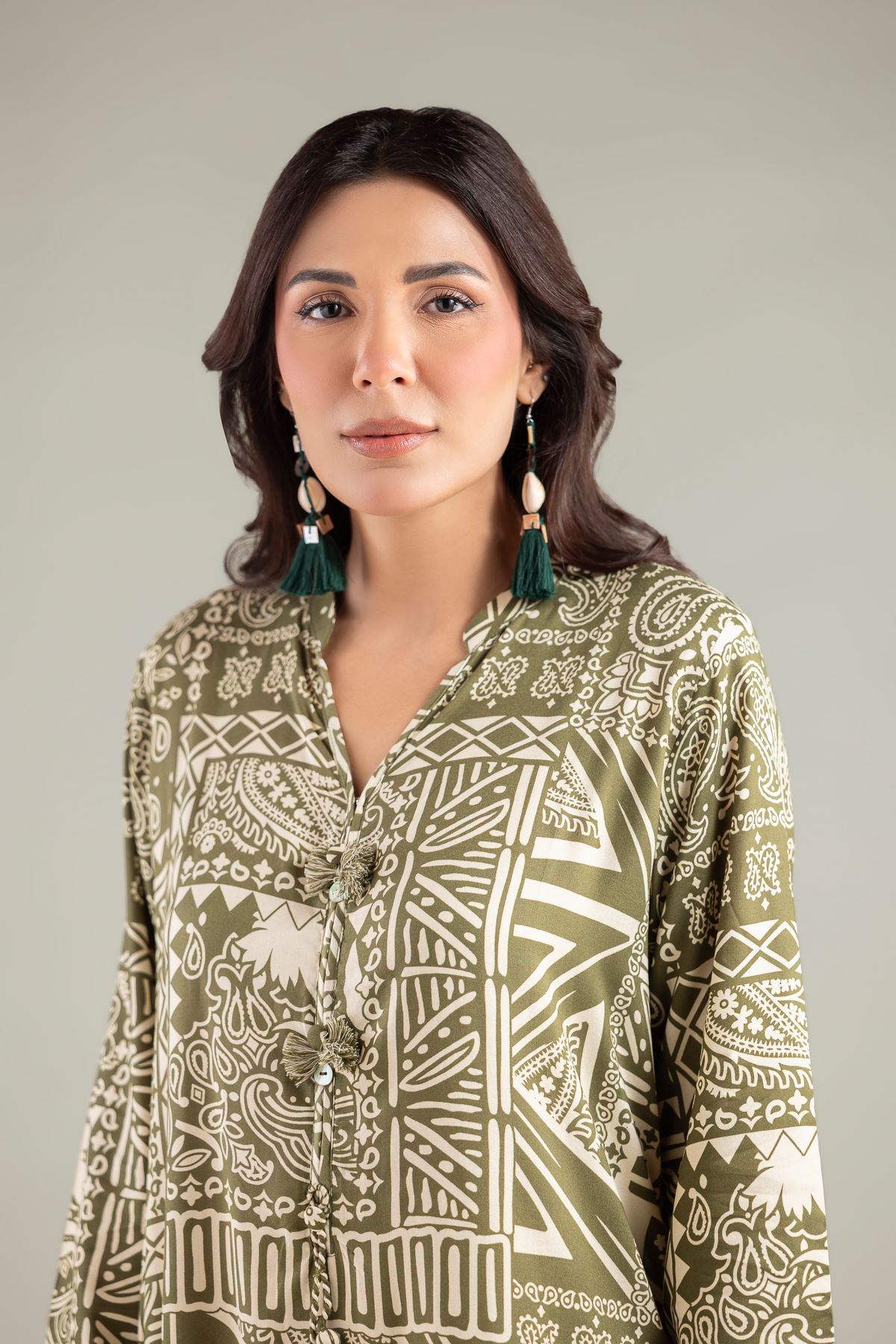 Printed Viscose Long V-Neck Kurta - 1-26-108-A-F-VG