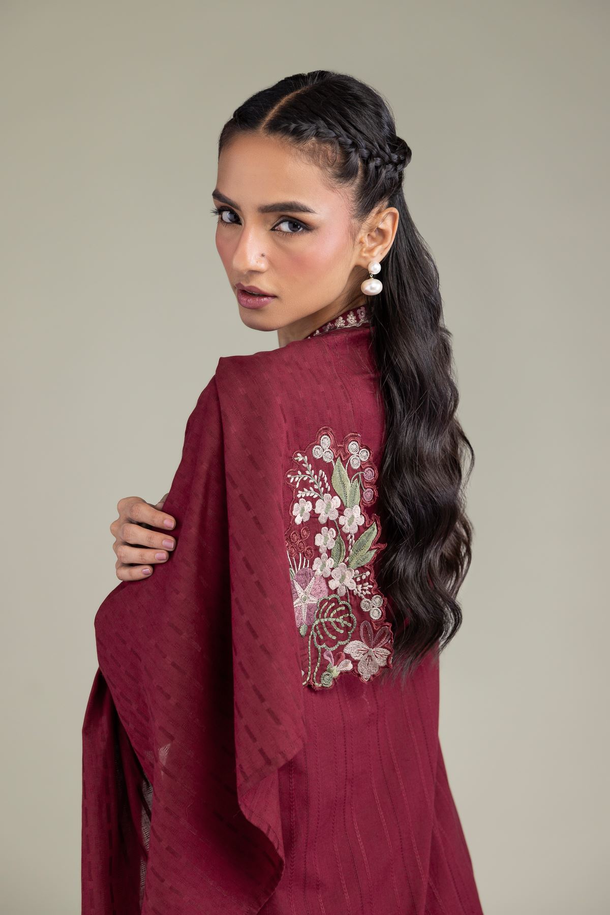 Embroidered Textured Cotton Floral Maroon Dupatta - 1-26-131-A-B-VG