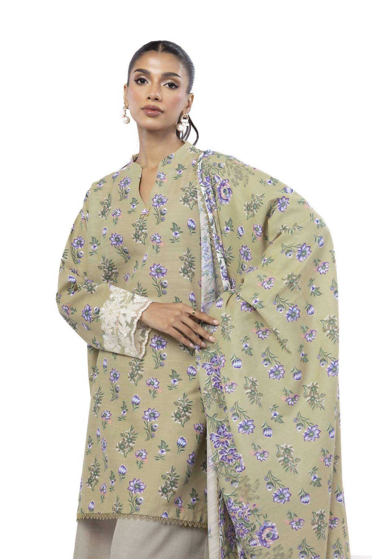 Embroidered Slub Cotton Tailored 3 Piece - KN31AST-VG