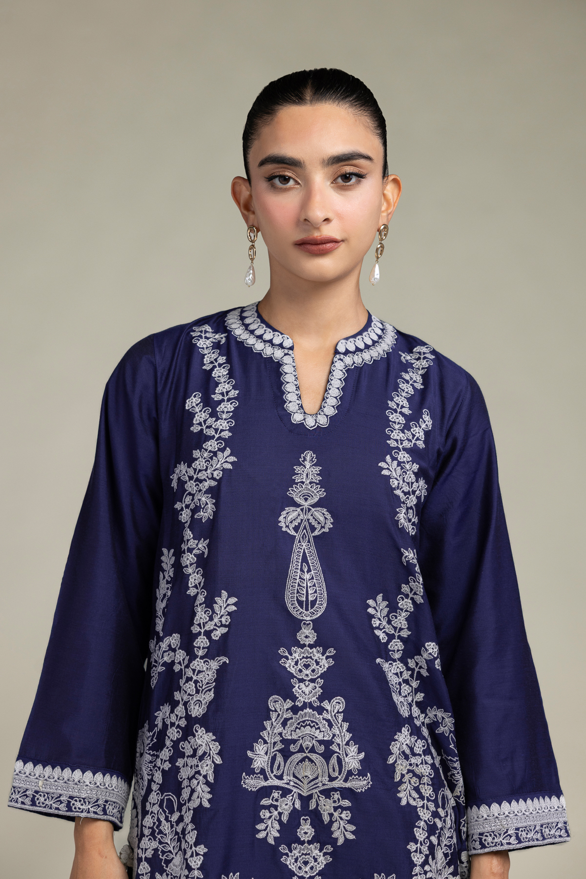 Embroidered Raw Silk Navy Floral Kurta - 1-26-306-B-B1-VG